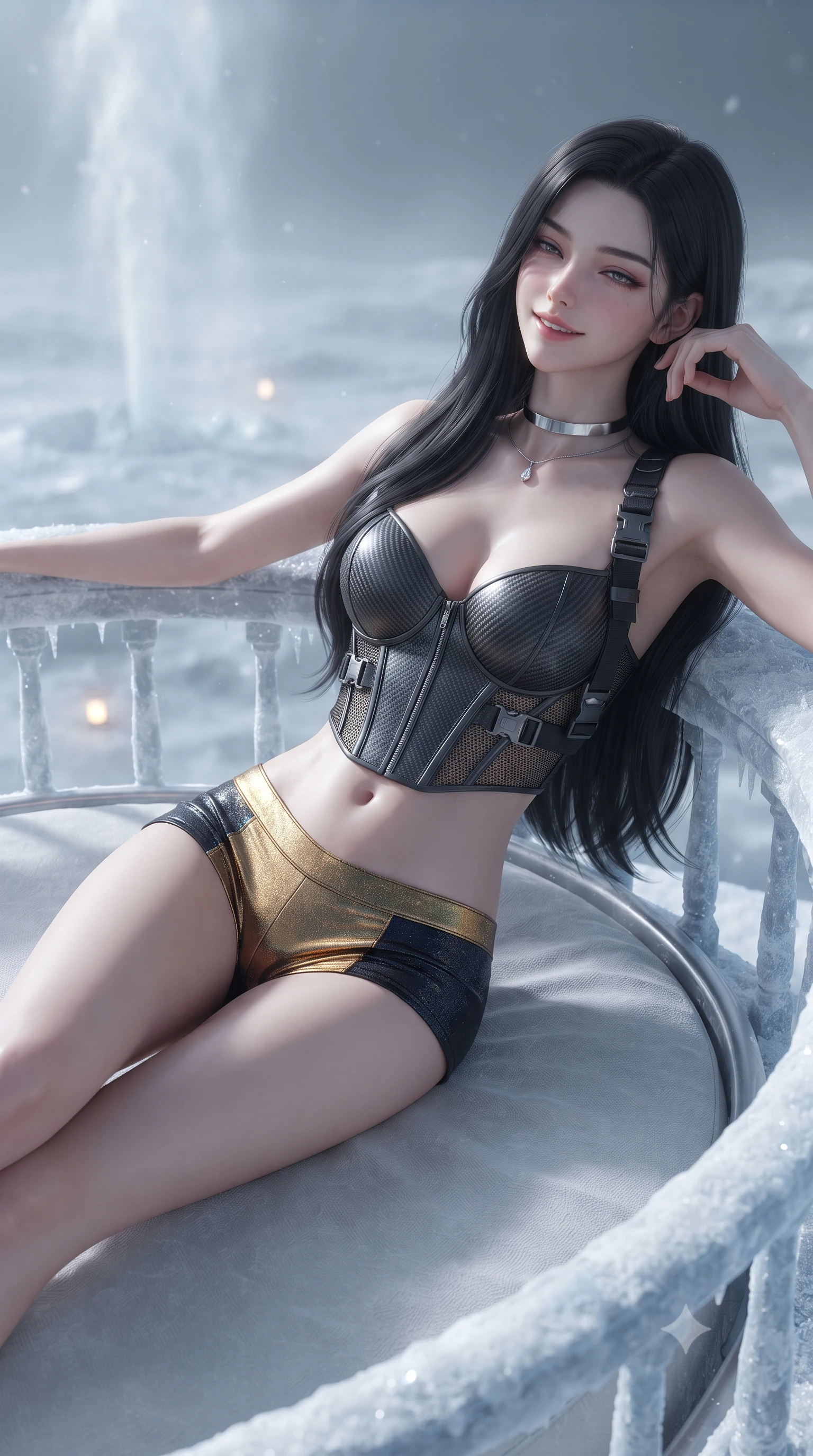 score_9, masterpiece, best quality, ultra-detailed, high-budget anime keyframe, editorial fashion photography, tasteful artistic composition, Korean woman. close-up cowboy shot from the waist and thighs up, the character dominates the composition, filling the frame with her large presence. leaning back against the balustrade with relaxed seductive grace, head tilted back slightly while casting a hypnotic, heavy-lidded gaze while lounging gracefully across the circular daybed propped on one elbow with legs extended, displaying her long slender limbs and statuesque hourglass silhouette against the ice geyser. The background shows a soft-focus ice crystal mist softened in outer-moon observation sanctuary shallow focus. She has an exceptionally elegant, slender, and willowy female figure with an ultra-slim waist, flat toned midriff, narrow ribcage, and sculpted feminine hips creating an alluring, slim hourglass silhouette without bulk. sharp v-shaped jawline, high-bridge nose, intricate jewel-like sparkling eyes with depth, thick eyelashes, glossy parted lips with a natural peach sheen, bright cheerful beaming smile with an enchanting and coquettish sensual glint, exuding both youthful cute charm and seductive allure, flawlessly proportioned anatomical accuracy, strict slender model proportions, natural body alignment, perfectly sculpted long slender limbs, ultra-slim waistline, clean dynamic posture without body distortion. wearing a sculpted carbon-fiber underwire crop corset with tactical buckle straps paired with low-rise micro shorts in solar-wind gold and deep space void black, crafted from stretch micro-mesh with liquid foil coating that shimmers with every movement, finished with a minimalist chrome choker and a single teardrop diamond pendant, the impeccably tailored cut draping gracefully along her slender figure with aristocratic poise. bathed in crisp diamond sunlight reflecting off millions of frozen water-ice crystals combined with warm 2600K deck lanterns. ultra-reflective glossy finish, specular highlights, rich textural contrasts, high-contrast stereoscopic depth, volumetric dynamic lighting, 2k, ultra detail, master piece, 9:16 ratio