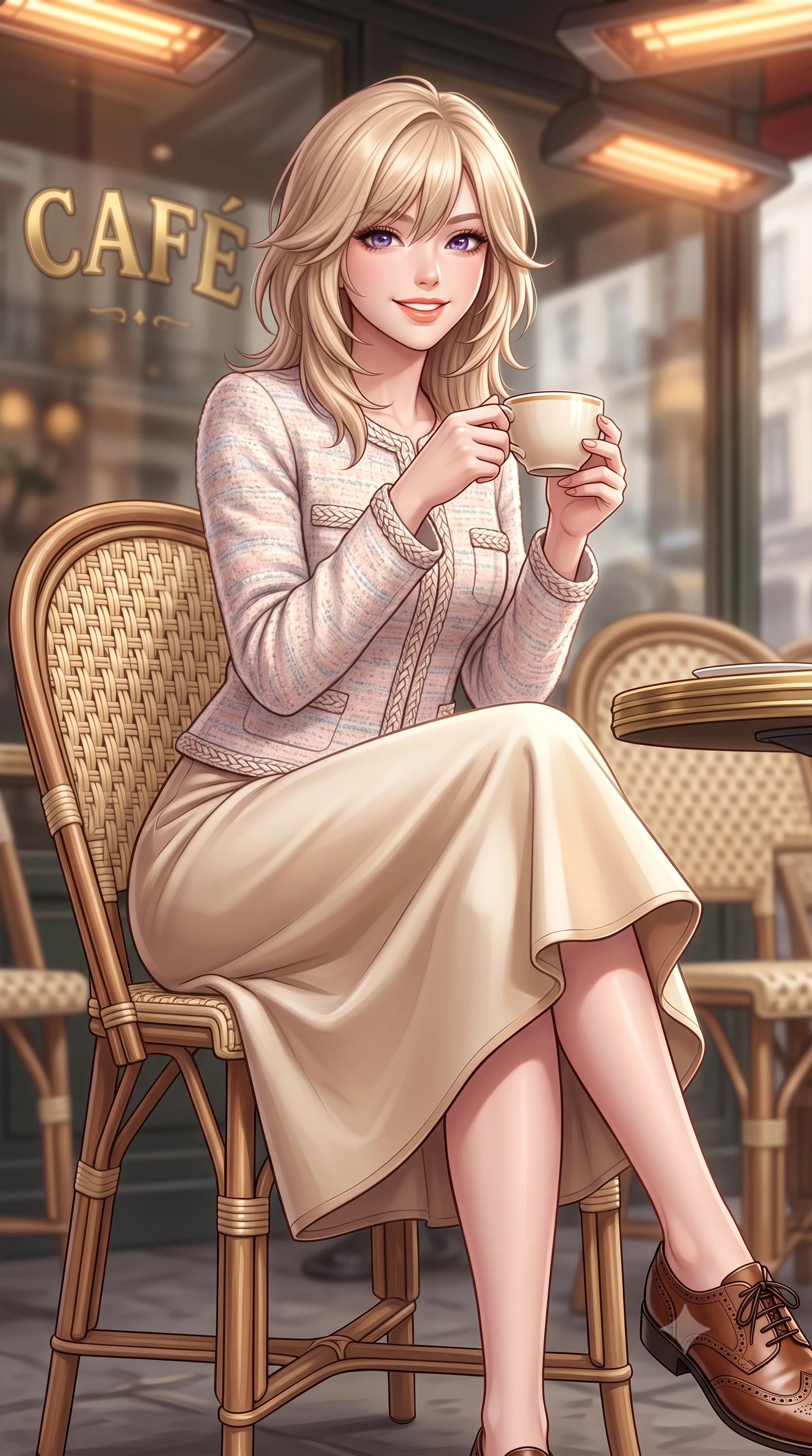 score_9, masterpiece, best quality, ultra-detailed, high-budget anime keyframe, semi-realistic 3D game render, editorial fashion photography, tasteful artistic composition, Japanese woman. close-up cowboy shot from the waist and thighs up, the character dominates the composition, filling the frame with her large presence. holding a warm porcelain cup in both hands while tilting her head with an enchanting, beaming smile while leaning back slightly against the wicker rattan café chair, ankles crossed, enjoying the crisp autumn air with effortless chic. The background shows a soft-focus brass café lettering on glass softened in romantic Left Bank intellectual shallow focus. She has an exceptionally elegant, slender, and willowy female figure with an ultra-slim waist, flat toned midriff, narrow ribcage, and sculpted feminine hips creating an alluring, slim hourglass silhouette without bulk. sharp v-shaped jawline, high-bridge nose, intricate jewel-like sparkling eyes with depth, thick eyelashes, glossy parted lips with a natural peach sheen, bright cheerful beaming smile with an enchanting and coquettish sensual glint, exuding both youthful cute charm and seductive allure, flawlessly proportioned anatomical accuracy, strict slender model proportions, natural body alignment, perfectly sculpted long slender limbs, ultra-slim waistline, clean dynamic posture without body distortion. wearing a collarless pastel bouclé tweed jacket with braided trims paired with a coordinating high-waisted A-line midi skirt in soft champagne ivory and warm biscuit beige, woven from fine Australian merino wool with a smooth fluid drape and subtle sheen, complemented by classic polished leather oxfords with brogue perforations, the streamlined silhouette following her natural slender proportions with sophisticated poise, enhancing her tall willowy presence. bathed in soft overcast Parisian natural daylight warmed by glowing overhead outdoor patio heaters. highly saturated vibrant anime colors, detailed shading with soft gradients, rich glossy textures, high-contrast stereoscopic depth, volumetric dynamic lighting, master piece, 9:16 ratio