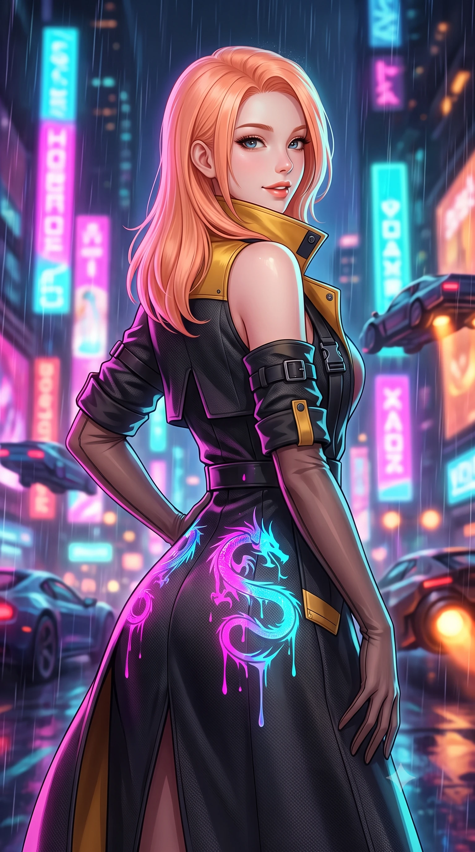 score_9, masterpiece, best quality, ultra-detailed, high-budget anime keyframe, semi-realistic 3D game render, editorial fashion photography, tasteful artistic composition, Japanese woman. close-up cowboy shot from the waist and thighs up, the character dominates the composition, filling the frame with her large presence. posing in an alluring rear three-quarter angle, looking over a bare shoulder with parted glossy lips, her hips cocked back to highlight her slim hourglass curve while twisting her slender torso in an alluring contrapposto stance, dripping holographic dragon signs painting electric magenta and cyan across her narrow waist and hips. The background shows a soft-focus towering vertical holographic neon billboards, dripping rain curtains, and swarms of hovering tactical aerocars blurred into fuchsia, turquoise, and amber bokeh. She has an exceptionally elegant, slender, and willowy female figure with an ultra-slim waist, flat toned midriff, narrow ribcage, and sculpted feminine hips creating an alluring, slim hourglass silhouette without bulk. sharp v-shaped jawline, high-bridge nose, intricate jewel-like sparkling eyes with depth, thick eyelashes, glossy parted lips with a natural peach sheen, bright cheerful beaming smile with an enchanting and coquettish sensual glint, exuding both youthful cute charm and seductive allure, flawlessly proportioned anatomical accuracy, strict slender model proportions, natural body alignment, perfectly sculpted long slender limbs, ultra-slim waistline, clean dynamic posture without body distortion. wearing a bespoke tactical commander trench coat in matte carbon-weave with magnetic utility buckles, storm flaps, and high standing collar in solar-wind gold and deep space void black, woven from structured carbon-fiber jacquard with rich textural depth, complemented by sheer opera-length evening gloves tracing her slender arms, the impeccably tailored cut draping gracefully along her slender figure with aristocratic poise. bathed in the multi-hued ambient neon glow of towering holographic billboards mixed with warm orange VTOL engine exhausts. highly saturated vibrant anime colors, detailed shading with soft gradients, rich glossy textures, high-contrast stereoscopic depth, volumetric dynamic lighting, master piece, 9:16 ratio