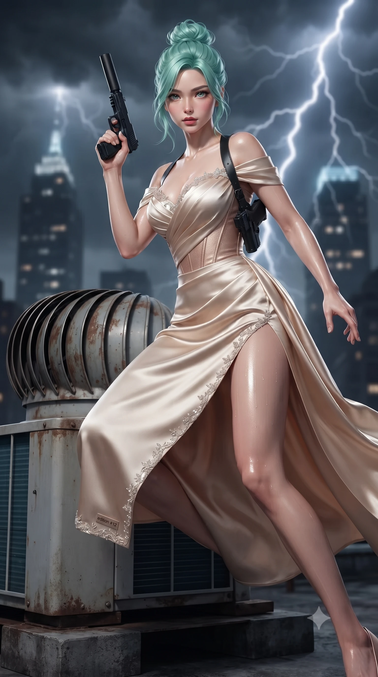 score_9, masterpiece, best quality, ultra-detailed, high-budget anime keyframe, editorial fashion photography, tasteful artistic composition, Japanese woman. low angle full-body shot from head to toe showing her feet, filling the entire 9:16 vertical frame with her statuesque presence, stretching her vertical silhouette. landing lightly on the balls of her feet in a balanced kinetic stance, eyes locked onto the camera with fearless allure while drawing her sleek silenced sidearm in a fluid tactical draw while crouching behind an air-conditioning turbine unit. The composition keeps background elements in soft focus with creamy bokeh. violent lightning forks and distant glowing skyscraper crowns blurred into charcoal, slate-blue, and electric white bokeh. She has an absolutely perfect, statuesque 8.5-heads proportion, an exceptionally tall and slender model-like female figure with impossibly long slender legs, a toned flat midriff, and an ultra-slim waist. sharp v-shaped jawline, high-bridge nose, intricate jewel-like eyes with depth, thick eyelashes, glossy lips with a natural sheen, captivating and magnetic expression, flawlessly proportioned anatomical accuracy, strict slender model proportions, natural body alignment, perfectly sculpted long slender limbs, ultra-slim waistline, clean dynamic posture without body distortion. wearing a statuesque off-shoulder champagne satin gala dress featuring a thigh-high side slit and draped corset bodice in champagne ivory and rose gold, tailored from ultra-smooth duchess satin with a pearlescent sheen, finished with delicate crystal embroidery along the neckline and hem edition #12, the breezy yet form-flattering drape swaying gracefully with her steps, accentuating her long willowy limbs and slim waistline. illuminated by wet specular highlights tracing her sculpted flat midriff, waistline, and long legs. ultra-reflective glossy finish, specular highlights, rich textural contrasts, high-contrast stereoscopic depth, volumetric dynamic lighting, 2k, ultra detail, master piece, 9:16 ratio