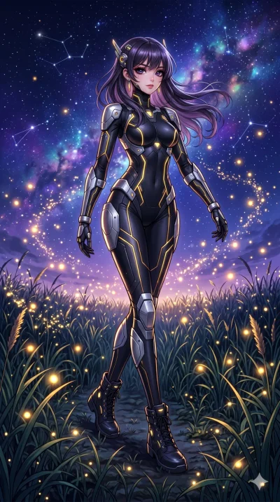score_9, masterpiece, best quality, ultra-detailed, High-budget Anime Keyframe, beautiful Korean anime girl. Low angle cowboy shot filling the entire 9:16 frame with her statuesque presence. Walking through a field of tall grass that glows with thous