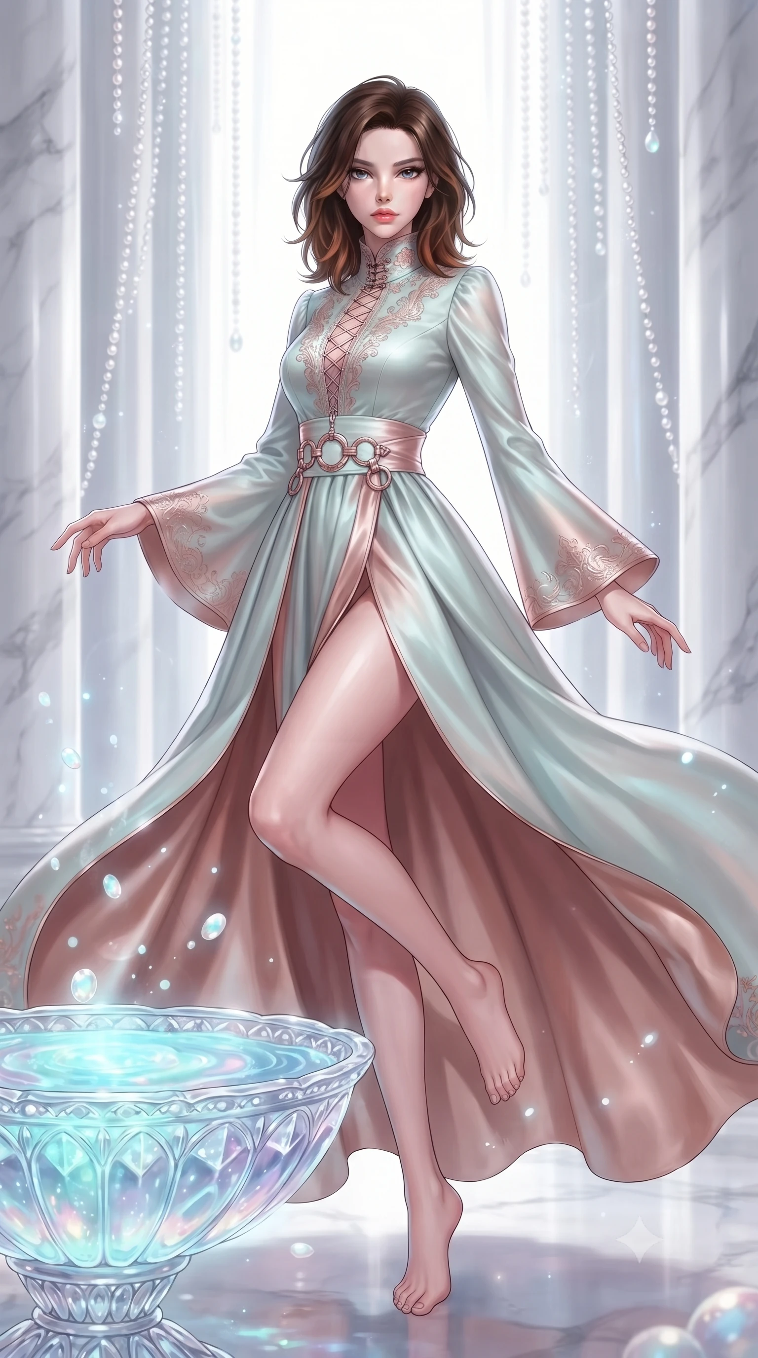 score_9, masterpiece, best quality, ultra-detailed, high-budget anime keyframe, editorial fashion photography, tasteful artistic composition, Korean woman. low angle full-body shot from head to toe showing her feet, filling the entire 9:16 vertical frame with her statuesque presence, stretching her vertical silhouette. interacting with floating opal particles, her long slender legs poised in motion, resting near a crystal basin filled with glowing bioluminescent opal water, pure white marble columns framed by cascading pearl water in soft focus. She has an absolutely perfect, statuesque 8.5-heads proportion, an exceptionally tall and slender model-like female figure with impossibly long slender legs and an ultra-slim waist. sharp v-shaped jawline, high-bridge nose, intricate jewel-like eyes with depth, thick eyelashes, glossy lips with a natural sheen. wearing gothic high-collar rose-gold silk evening gown with long bell sleeves in pale opal seafoam, made of soft rose-gold satin, trimmed with rose-gold ring hardware along the waist contours, sculpting her athletic slender build with refined precision. surrounded by a shimmering liquid silver sheen with sharp rim highlights. highly saturated vibrant anime colors, detailed shading with soft gradients, rich glossy textures, high-contrast stereoscopic depth, volumetric dynamic lighting, master piece, 9:16 ratio