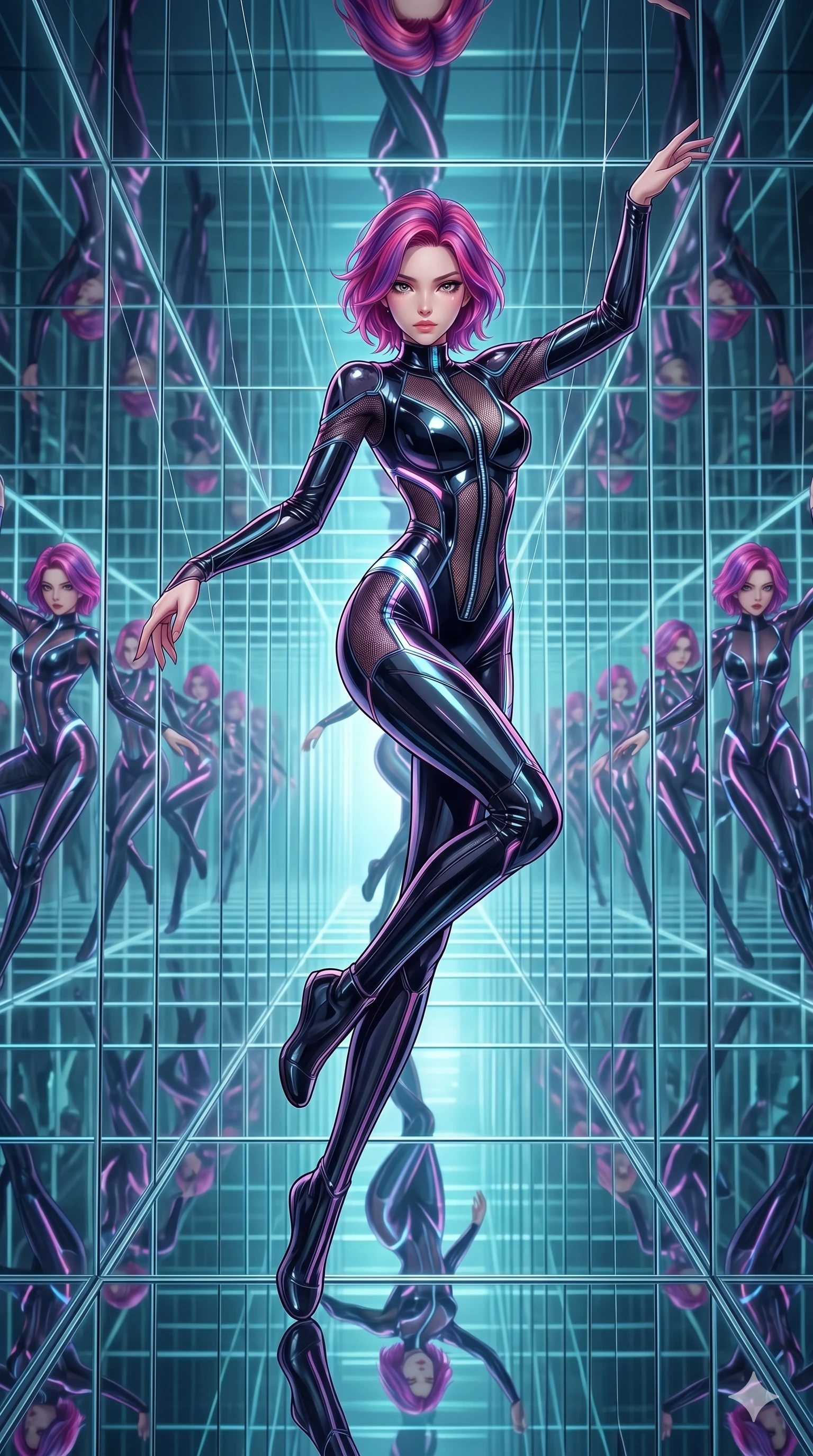 score_9, masterpiece, best quality, ultra-detailed, High-budget Anime Keyframe, East Asian woman. Dynamic full-body shot stretching the vertical silhouette to the limit. Scenario 86: Suspended by invisible silk threads in a hall of mirrors. Her presence is magnetic and overpowering in this high-budget anime scene. Outfit 86: A patent leather mesh with a unzipped detail and glowing LED seams. The clothing is designed to emphasize her exceptionally tall and slender 8-heads proportion. 8-heads proportion, towering silhouette, ultra-slim waist. sharp v-shaped jawline, intricate jewel-like eyes with depth, thick eyelashes, glossy lips. 2k, ultra detail, master piece, 9:16 ratio