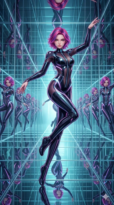 score_9, masterpiece, best quality, ultra-detailed, High-budget Anime Keyframe, East Asian woman. Dynamic full-body shot stretching the vertical silhouette to the limit. Scenario 86: Suspended by invisible silk threads in a hall of mirrors. Her prese
