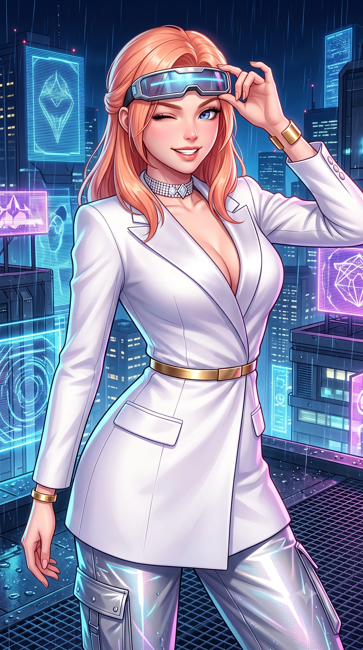 score_9, masterpiece, best quality, ultra-detailed, high-budget anime keyframe, semi-realistic 3D game render, editorial fashion photography, tasteful artistic composition, Japanese woman. close-up cowboy shot from the waist and thighs up, the character dominates the composition, filling the frame with her large presence. radiating intense magnetic charisma with jewel-like eyes locked onto the viewer, her upper body turning in a dynamic, fluid S-curve while adjusting her futuristic cyber-visor over her brow while casting a bold, playful wink and bright smile into the camera. The surrounding environment is rendered in vivid detail and crisp panoramic clarity. sharp holographic projection scanlines, rain droplets beaded on metallic cargo pants, and rooftop grating in deep focus. She has an exceptionally elegant, slender, and willowy female figure with an ultra-slim waist, a gracefully sculpted slender torso, toned flat midriff, and a refined slim silhouette. sharp v-shaped jawline, high-bridge nose, intricate jewel-like eyes with depth, thick eyelashes, glossy lips with a natural sheen, captivating and magnetic expression, flawlessly proportioned anatomical accuracy, strict slender model proportions, natural body alignment, perfectly sculpted long slender limbs, ultra-slim waistline, clean dynamic posture without body distortion. wearing a chic tailored white tuxedo jacket dress with satin lapels and an ultra-slim waist-cinching gold belt in pristine royal white and brushed gold, made of structured fine wool crepe and liquid silk satin, accessorized with a bold diamond choker and minimalist gold cuffs edition #19, the sleek tailored cut tightly hugging her graceful clavicle, narrow waist, and feminine curves with statuesque precision. surrounded by a vibrant, fearless, and passionately energetic Y2K party queen aura. highly saturated vibrant anime colors, detailed shading with soft gradients, rich glossy textures, high-contrast stereoscopic depth, volumetric dynamic lighting, master piece, 9:16 ratio