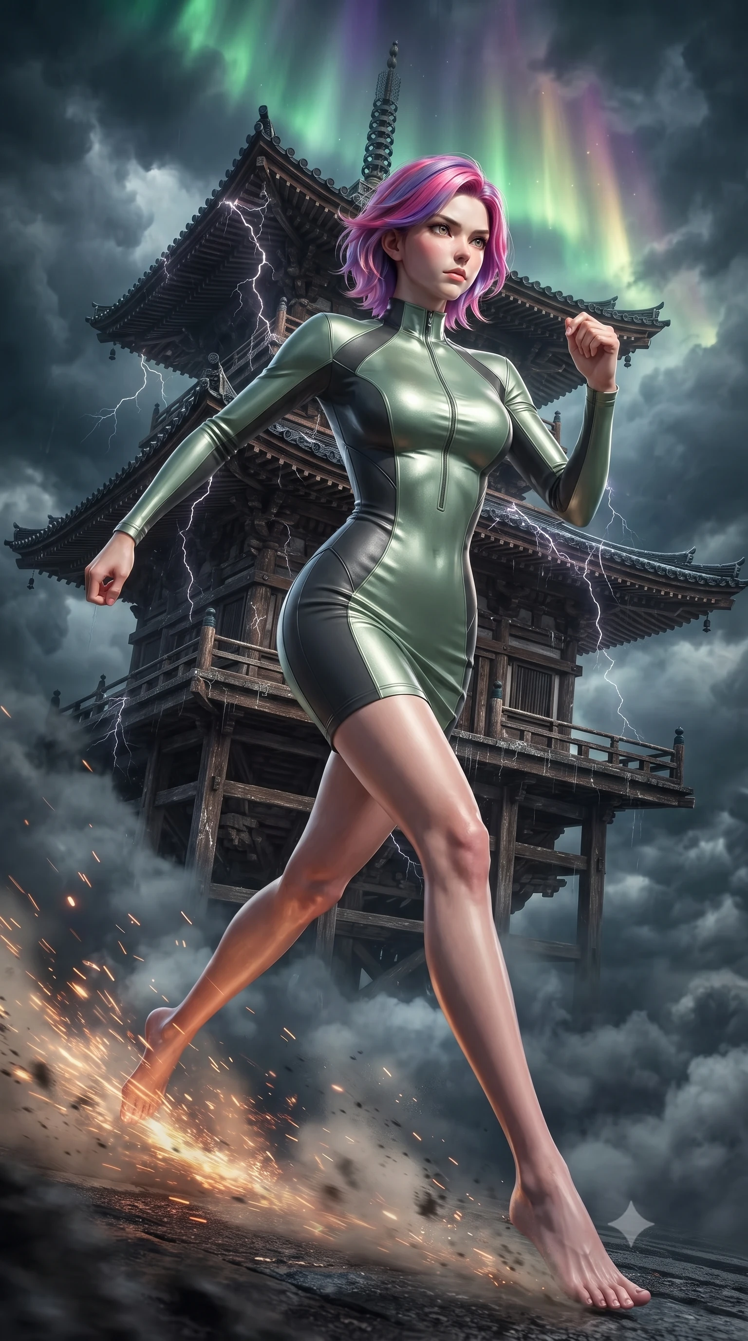 score_9, masterpiece, best quality, ultra-detailed, high-budget anime keyframe, editorial fashion photography, tasteful artistic composition, realistic cosplay photography, Caucasian woman, strictly human ears. low angle full-body shot from head to toe showing her feet, filling the entire 9:16 vertical frame with her statuesque presence, stretching her vertical silhouette. dashing forward aggressively, leaving a trail of motion-blurred sparks as she strides through a wooden pagoda temple floating high in the sky among stormy clouds, wooden beams cracking under lightning pressure. She has a statuesque 8.5-heads proportion, an exceptionally tall, slender and willowy model-like build with impossibly long legs and a highly sculpted ultra-slim waist. sharp v-shaped jawline, high-bridge nose, intricate jewel-like eyes with depth, thick eyelashes, glossy lips with a natural sheen. wearing tailored for maximum mobility, sleek form-contouring panels that allow fluid movement, a form-contouring form-fitting athletic-cut knit dress in sage green and charcoal, with sculpted seams that trace her slender waistline. illuminated by a shifting aurora palette of green violet and gold from above. ultra-reflective glossy finish, specular highlights, metallic sheen, high-contrast stereoscopic depth, volumetric dynamic lighting, 2k, ultra detail, master piece, 9:16 ratio