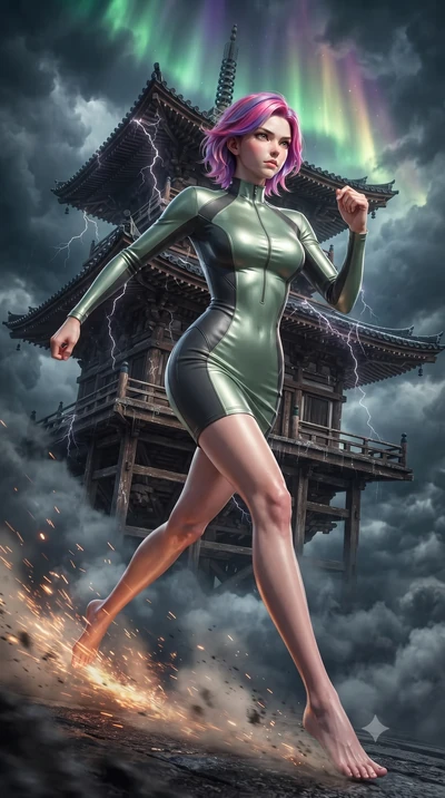 score_9, masterpiece, best quality, ultra-detailed, high-budget anime keyframe, editorial fashion photography, tasteful artistic composition, realistic cosplay photography, Caucasian woman, strictly human ears. low angle full-body shot from head to t