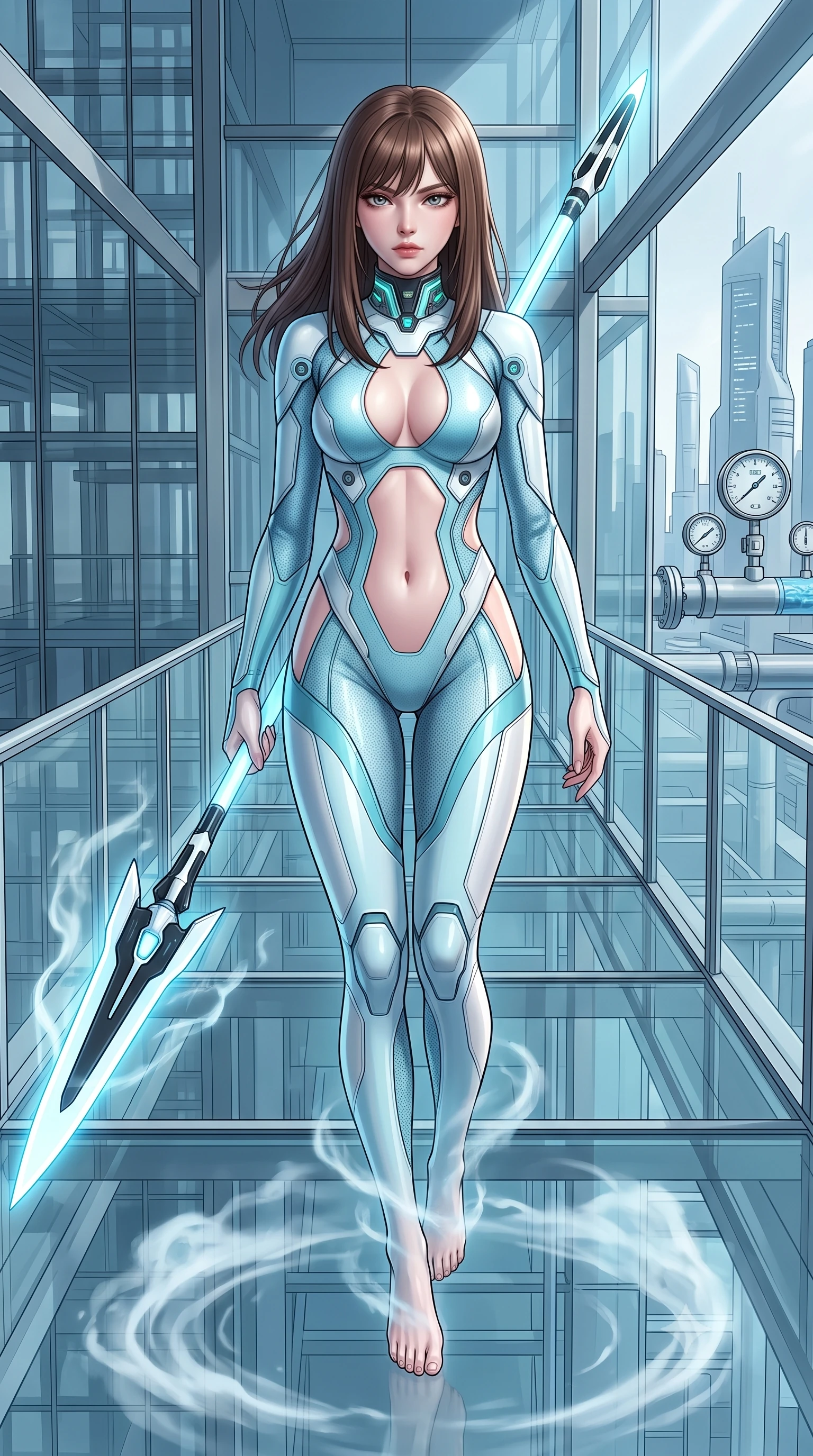 score_9, masterpiece, best quality, ultra-detailed, high-budget anime keyframe, semi-realistic 3D game render, editorial fashion photography, tasteful artistic composition, Korean woman. low angle full-body shot from head to toe showing her feet, filling the entire 9:16 vertical frame with her statuesque presence, stretching her vertical silhouette. performing an alluring mid-air combat landing with flawless poise, looking directly into the camera with regal, deadly intensity while resting her holographic bow with calm sovereign authority as swirling coolant mist flows around her slender ankles. The surrounding environment is rendered in vivid detail and crisp panoramic clarity. intricate carbon armor joint mesh, glass bridge reflections, and coolant pipe pressure gauges in high resolution. She has an absolutely perfect, statuesque 8.5-heads proportion, an exceptionally tall and slender model-like female figure with impossibly long slender legs, a toned flat midriff, and an ultra-slim waist. sharp v-shaped jawline, high-bridge nose, intricate jewel-like eyes with depth, thick eyelashes, glossy lips with a natural sheen, flawlessly proportioned anatomical accuracy, strict slender model proportions, natural body alignment, perfectly sculpted long slender limbs, ultra-slim waistline, clean dynamic posture without body distortion. wearing an ultra-sleek glacial-cyan and white carbon-mesh combat bodysuit with frost-resistant plating, holding a glowing high-frequency cryo-energy spear with commanding poise in monochrome white enamel carbon with high-contrast black panels, made of lightweight aerodynamic carbon-titanium alloy with polished edge bevels, featuring a sleek aerodynamic collar framed by subtle glowing cybernetic status LEDs, the precision-cut daring openings accentuating her delicate midriff, graceful bare collarbones, and ultra-slim feminine waistline. illuminated by crisp white key lighting with sharp specular highlights tracing her slender curves. rich saturated anime colors with glowing neon highlights, detailed shading with soft gradients, rich glossy textures, high-contrast stereoscopic depth, volumetric dynamic lighting, master piece, 9:16 ratio