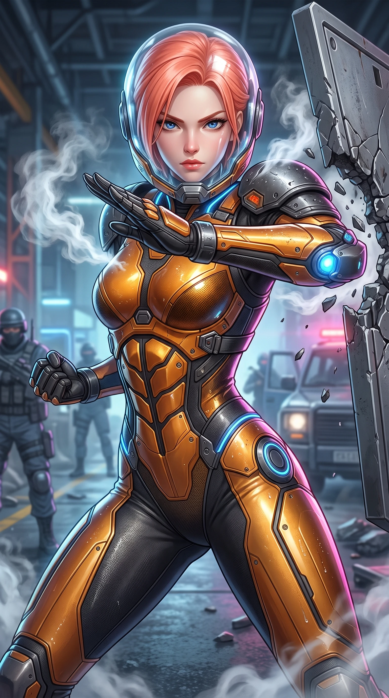 score_9, masterpiece, best quality, ultra-detailed, high-budget anime keyframe, semi-realistic 3D game render, editorial fashion photography, tasteful artistic composition, Japanese woman. close-up cowboy shot from the waist and thighs up, the character dominates the composition, filling the frame with her large presence. twisting her upper body in a dynamic S-curve martial arts stance, cybernetic elbow dampers glowing with blue energy as she aims a focused palm strike while pivoting dynamically through escaping coolant steam as her heavy carbon shoulder guards smash through steel barricades. The surrounding environment is rendered in vivid detail and crisp panoramic clarity. intricate carbon-titanium armor hinges, steam condensation beads, and emergency siren LEDs in high clarity. She has an exceptionally elegant, slender, and willowy female figure with an ultra-slim waist, a gracefully sculpted slender torso, toned flat midriff, and a refined slim silhouette. sharp v-shaped jawline, high-bridge nose, intricate jewel-like eyes with depth, thick eyelashes, glossy lips with a natural sheen, fierce and resolute heroine expression, flawlessly proportioned anatomical accuracy, strict slender model proportions, natural body alignment, perfectly sculpted long slender limbs, ultra-slim waistline, clean dynamic posture without body distortion. wearing a crystal-clear transparent armored riot-visor helmet showing her entire beautiful face and determined expression with pristine clarity, paired with a tailored tactical combat jumpsuit with an open-back harness design, reinforced composite breastplate, and high-mobility elbow dampers in molten amber-gold carbon cuirass with dark gunmetal weave, crafted from ultra-strong woven carbon-fiber composite with battle-tested satin luster, accented with glowing fiber-optic telemetry conduits tracing her collarbones and hip curves, the sleek second-skin cut tightly hugging her graceful clavicle, narrow waist, and feminine curves with athletic precision. illuminated by sharp specular highlights tracing her ultra-slim waist, long legs, and sculpted armor plates. rich saturated anime colors with glowing neon highlights, detailed shading with soft gradients, rich glossy textures, high-contrast stereoscopic depth, volumetric dynamic lighting, master piece, 9:16 ratio