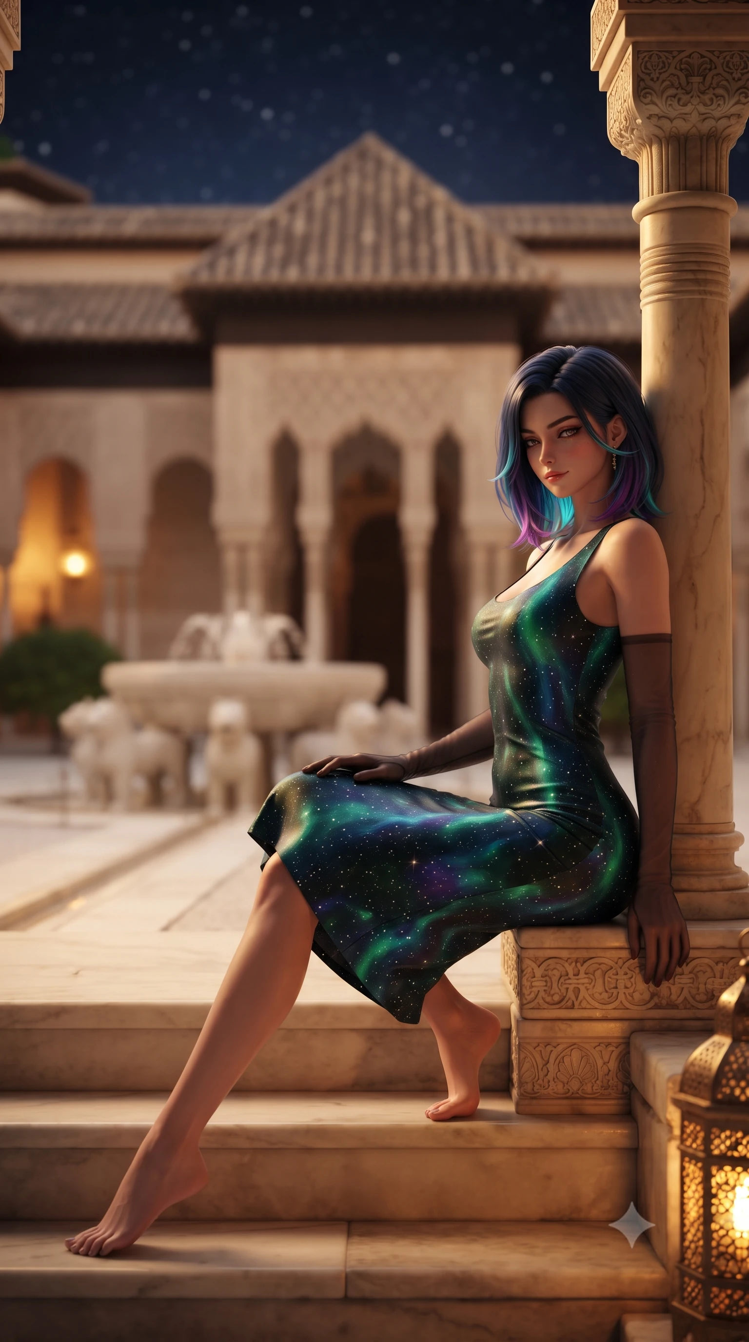 score_9, masterpiece, best quality, ultra-detailed, high-budget anime keyframe, editorial fashion photography, tasteful artistic composition, Caucasian woman. low angle full-body shot from head to toe showing her feet, filling the entire 9:16 vertical frame with her statuesque presence, stretching her vertical silhouette. sitting poised on the stone steps with one knee bent, arching her spine with supermodel elegance as she glances upward through thick eyelashes while leaning against the carved alabaster arcade pillar with hips cocked back, looking across the tranquil central courtyard with heavy-lidded bedroom-eyes. The background shows a soft-focus slender white Macael marble colonnade, bubbling lion fountain basin, and starlit Granada skies through horseshoe arches blurred into ivory, amber, and indigo bokeh. She has an exceptionally tall and slender model-like 8.5-heads proportion, an ultra-slim waist, a flat toned midriff, narrow delicate ribcage, and beautifully sculpted feminine hips creating a graceful, slim hourglass silhouette without any bulky heaviness, with impossibly long slender legs. sharp v-shaped jawline, high-bridge nose, intricate jewel-like sparkling eyes with depth, thick eyelashes, glossy parted lips with a natural peach sheen, bright cheerful beaming smile with an enchanting and coquettish sensual glint, exuding both youthful cute charm and seductive allure, flawlessly proportioned anatomical accuracy, strict slender model proportions, natural body alignment, perfectly sculpted long slender limbs, ultra-slim waistline, clean dynamic posture without body distortion. wearing a glove-like stretch modal tank dress adhering tightly to her flat midriff and feminine hips in Arctic aurora borealis emerald and starlight diamond, crafted from bespoke double-faced cashmere with an exceptionally soft tactile finish, complemented by sheer opera-length evening gloves tracing her slender arms, the glove-like clinging cut tightly following the natural contour of her hips and long slender legs with youthful 8.5-heads elegance. bathed in the warm radiant 2600K amber illumination of antique pierced brass lanterns dimmed to an intimate evening glow. ultra-reflective glossy finish, specular highlights, rich textural contrasts, high-contrast stereoscopic depth, volumetric dynamic lighting, 2k, ultra detail, master piece, 9:16 ratio