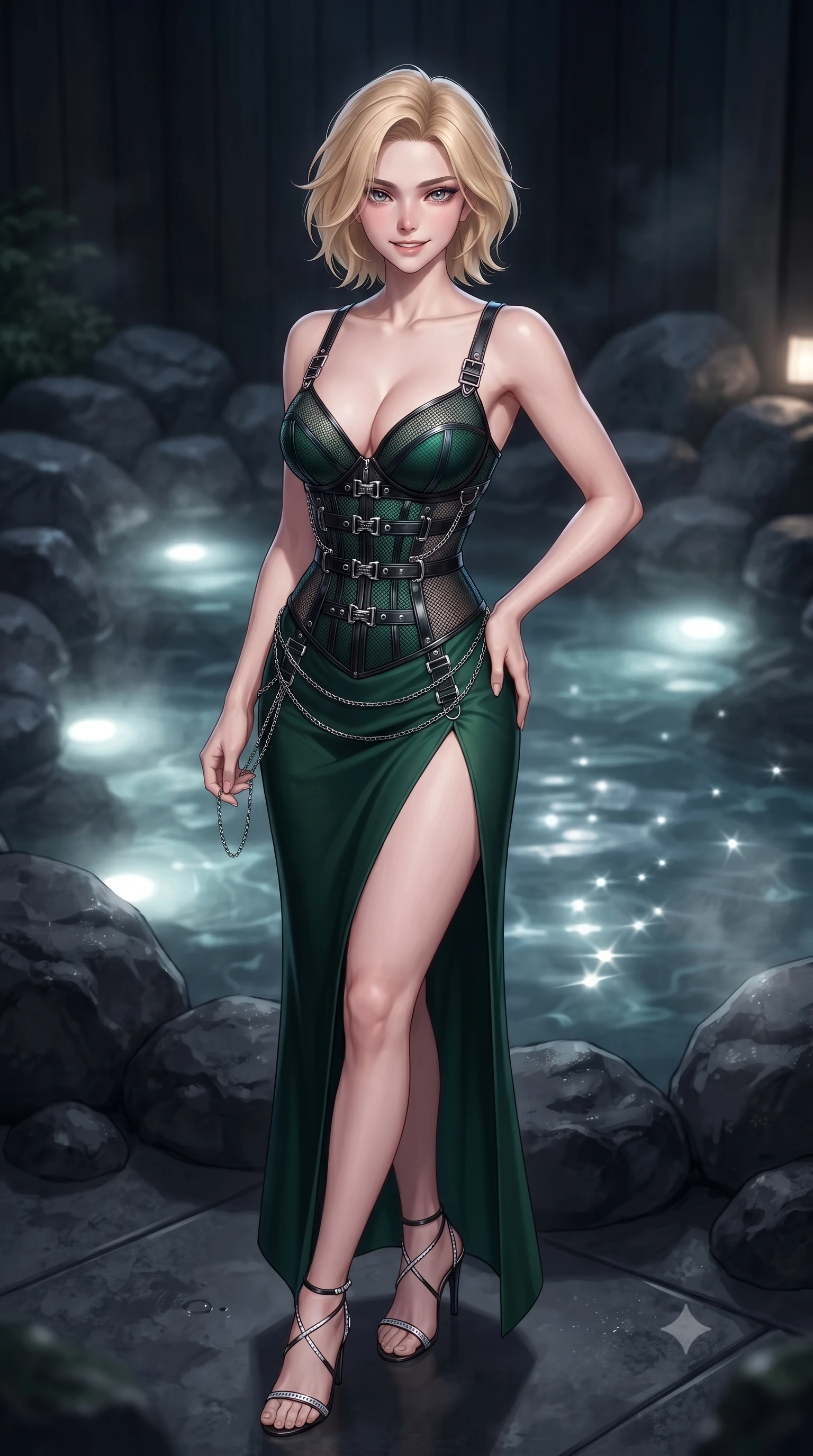 score_9, masterpiece, best quality, ultra-detailed, high-budget anime keyframe, editorial fashion photography, tasteful artistic composition, Caucasian woman. close-up cowboy shot from the waist and thighs up, the character dominates the composition, filling the frame with her large presence, background elements kept in soft focus. Smiling with quiet, magnetic self-assurance directly into the camera, standing beside a private outdoor thermal onsen surrounded by volcanic basalt rocks, smooth black basalt rocks providing sharp black-and-silver background contrast. She has an exceptionally elegant, slender, and willowy female figure with an ultra-slim waist, a gracefully sculpted slender torso, and a refined silhouette. sharp v-shaped jawline, high-bridge nose, intricate jewel-like eyes with depth, thick eyelashes, glossy lips with a natural sheen. wearing low-cut gothic structured bodice gown with high leg slit in deep emerald green, made of fine dark contouring mesh, framed by dark titanium buckles and silver chain details, the fitted fabric emphasizing her ultra-slim waist. surrounded by a moody nocturnal spa glow with sharp water specular glints. highly saturated vibrant anime colors, detailed shading with soft gradients, rich glossy textures, high-contrast stereoscopic depth, volumetric dynamic lighting, master piece, 9:16 ratio