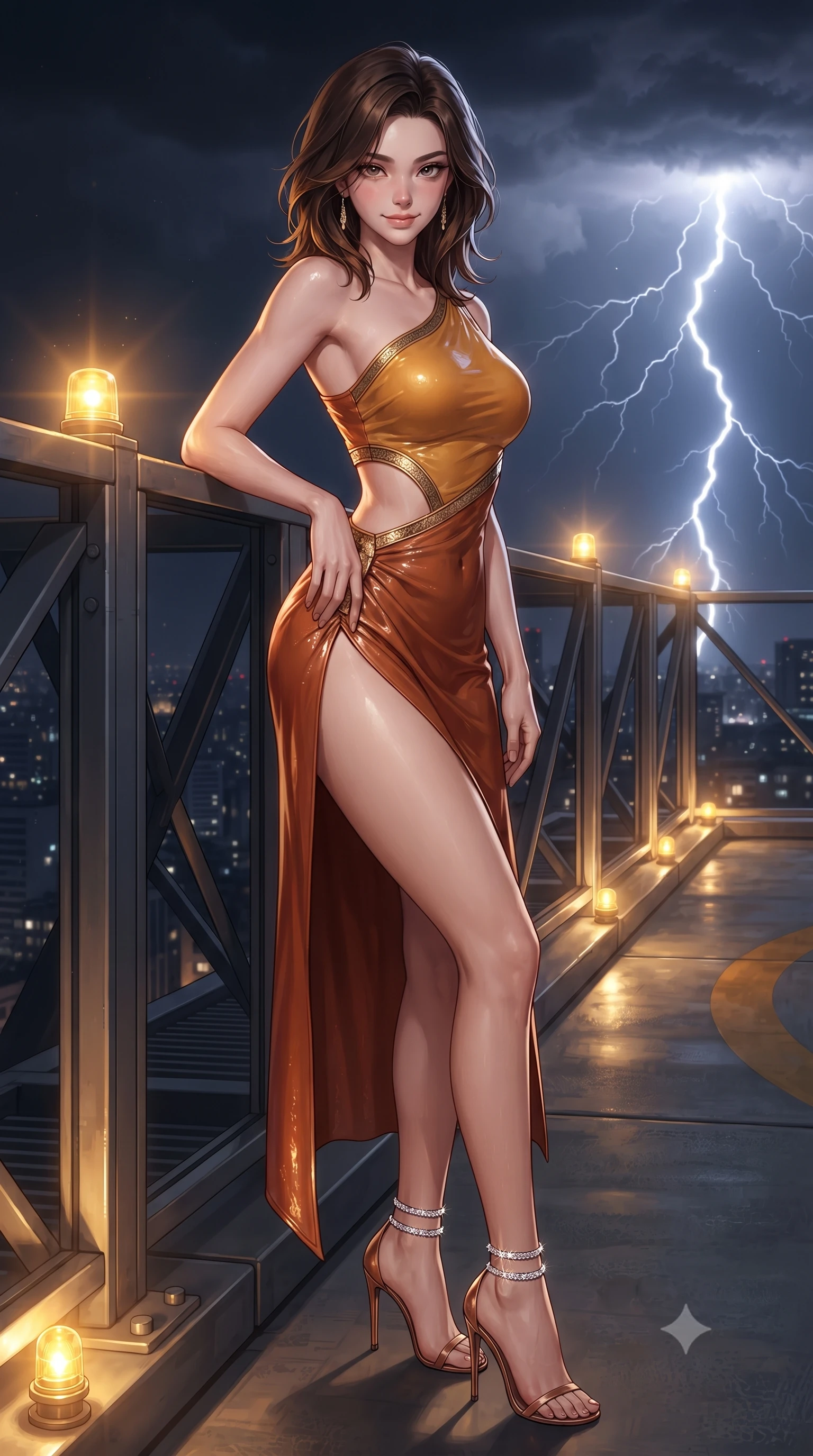 score_9, masterpiece, best quality, ultra-detailed, high-budget anime keyframe, editorial fashion photography, tasteful artistic composition, Korean woman. close-up cowboy shot from the waist and thighs up, the character dominates the composition, filling the frame with her large presence. tilting her head with a teasing half-smile, running one hand slowly down the side of her hip in a flirtatious S-curve as ambient light caresses her silhouette while leaning against the perimeter wind barrier with hips cocked back, looking back into the camera with an intoxicating bedroom-gaze. The surrounding environment is rendered in vivid detail and crisp panoramic clarity: detailed wet-look leatherette jumpsuit cling, diamond choker shine, and high-rise structural engineering in high resolution. She has an exceptionally elegant, slender, and willowy female figure with an ultra-slim waist, flat toned midriff, narrow ribcage, and sculpted feminine hips creating an alluring, slim hourglass silhouette without bulk. sharp v-shaped jawline, high-bridge nose, sparkling eyes with hypnotic seductive depth, thick curled eyelashes, glossy parted lips with a natural dewy peach sheen, alluring bedroom-eyes with an enchanting coquettish smile, exuding magnetic siren charisma and sophisticated glamour, flawlessly proportioned anatomical accuracy, strict slender model proportions, natural body alignment, perfectly sculpted long slender limbs, ultra-slim waistline, clean dynamic posture without body distortion. wearing an asymmetric one-shoulder liquid jersey nymph dress with dramatic hip-high slit and waist cutout in warm amber honey and antique terracotta with gilded bronze, woven from buttery-soft stretch lambskin leather adhering to her body like a second skin, complemented by strappy stiletto sandals with crystal ankle wraps accentuating her slender calves, the high-slit wrap tailoring accentuating her ultra-slim waistline and the enchanting curve of her feminine hips with alluring seductive charm. bathed in golden helipad perimeter beacon lights combined with sudden lightning flash strobes. ultra-reflective glossy finish, specular highlights, rich textural contrasts, high-contrast stereoscopic depth, volumetric dynamic lighting, 2k, ultra detail, master piece, 9:16 ratio