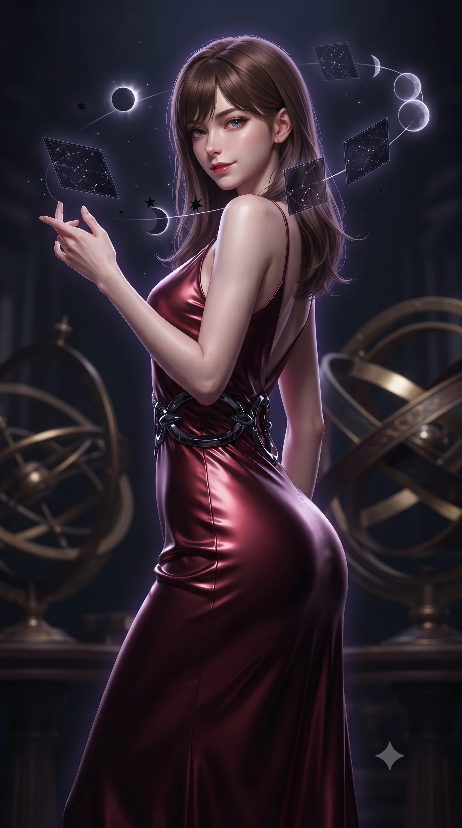 score_9, masterpiece, best quality, ultra-detailed, high-budget anime keyframe, editorial fashion photography, tasteful artistic composition, Korean woman. close-up cowboy shot from the waist and thighs up, the character dominates the composition, filling the frame with her large presence, background elements kept in soft focus. Glancing sidelong over her shoulder with a smoldering, enigmatic half-smile, navigating a dark armillary sphere hall with floating black star charts, translucent eclipse glyphs floating gracefully around her fingertips. She has an exceptionally elegant, slender, and willowy female figure with an ultra-slim waist, a gracefully sculpted slender torso, and a refined silhouette. sharp v-shaped jawline, high-bridge nose, intricate jewel-like eyes with depth, thick eyelashes, glossy lips with a natural sheen. wearing form-contouring dark crimson liquid silk long slip dress in dark charcoal gray, made of soft dark satin, accented with sculpted obsidian chrome rings at the waist, highlighting her statuesque proportions and ultra-slim waistline. surrounded by an eerie dark violet starlight aura and sharp rim highlights. ultra-reflective glossy finish, specular highlights, metallic sheen, high-contrast stereoscopic depth, volumetric dynamic lighting, 2k, ultra detail, master piece, 9:16 ratio