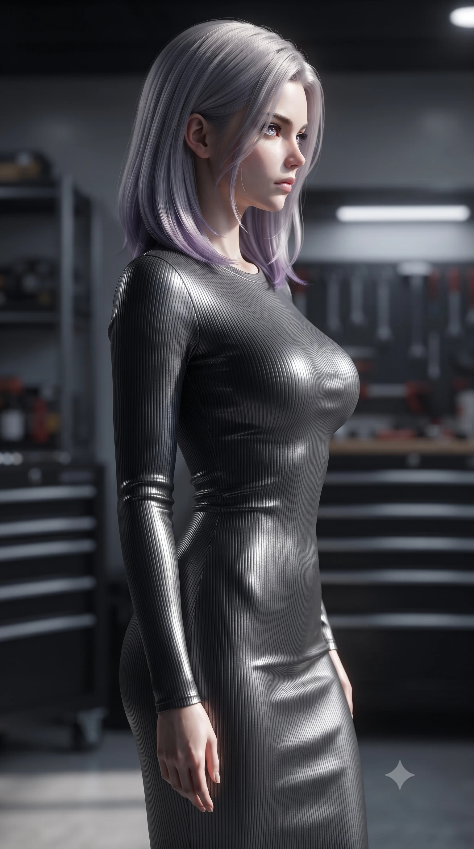 score_9, masterpiece, best quality, ultra-detailed, high-budget anime keyframe, editorial fashion photography, tasteful artistic composition, Caucasian woman. close-up cowboy shot from the waist and thighs up, the character dominates the composition, filling the frame with her large presence, background elements kept in soft focus. turning her face in sharp profile, casting a cold, mysterious, yet intensely alluring side gaze, the background shows a soft-focus a private helicopter hangar with steel racks, tools, and carbon fiber panels. She has an exceptionally elegant, slender, and willowy female figure with an ultra-slim waist, a gracefully sculpted slender torso, and a refined silhouette. sharp v-shaped jawline, high-bridge nose, intricate jewel-like eyes with depth, thick eyelashes, glossy lips with a natural sheen. wearing a form-contouring form-contouring ribbed bodycon midi dress in charcoal grey with long sleeves. focused spotlights casting sharp, detailed shadows across her figure. ultra-reflective glossy finish, specular highlights, metallic sheen, high-contrast stereoscopic depth, volumetric dynamic lighting, 2k, ultra detail, master piece, 9:16 ratio