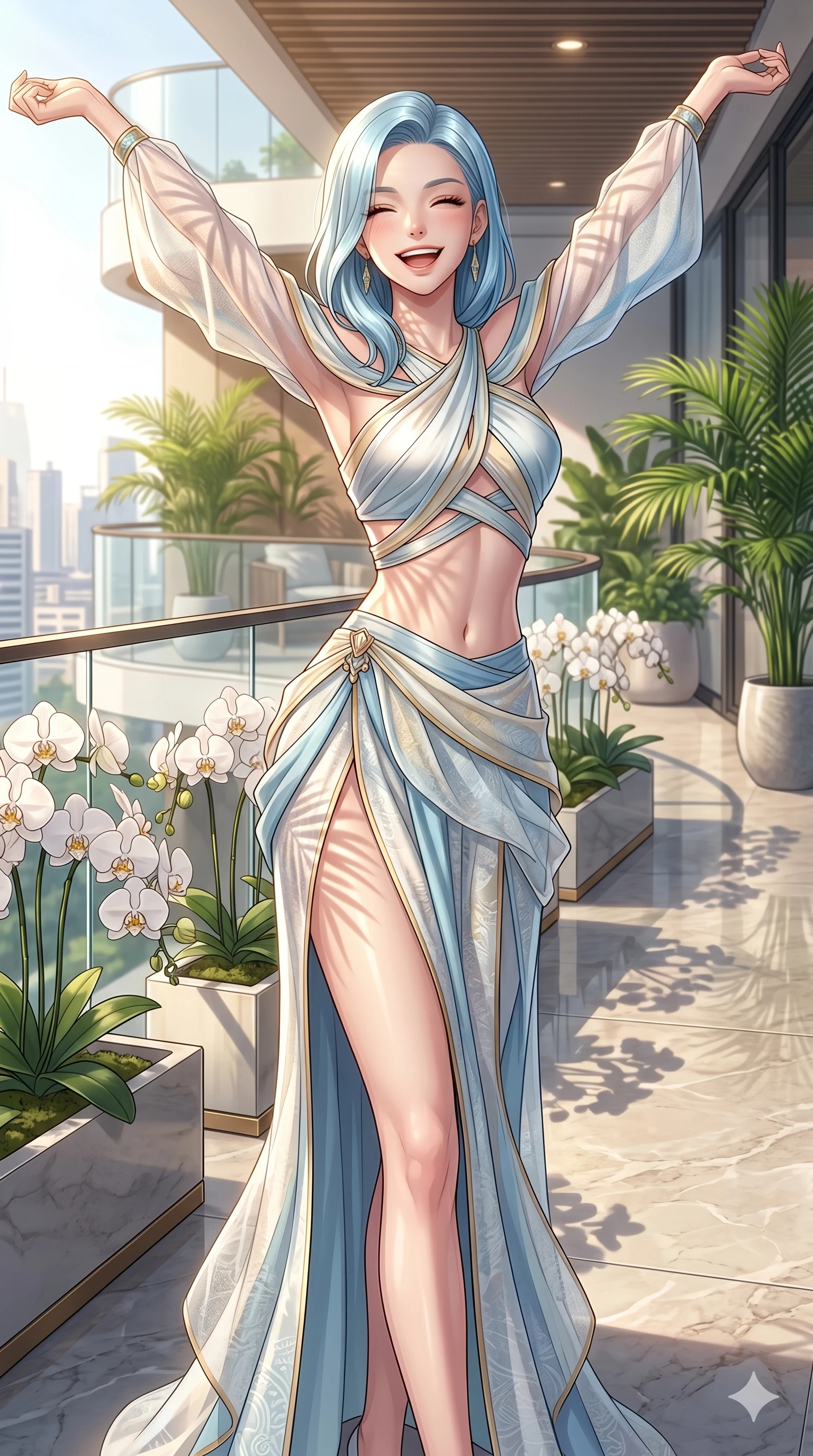 score_9, masterpiece, best quality, ultra-detailed, high-budget anime keyframe, vibrant anime aesthetic, Korean woman. cowboy shot from the thighs up, character and outfit filling the frame for maximum presence. She is posing with a joyful, energetic smile, stretching her arms out playfully on a hotel suite terrace with white orchids (Code-P20-108). She has an absolutely perfect 8-heads proportion, an exceptionally tall and slender female figure with impossibly long slender legs and an ultra-slim waist. V-shaped jawline, high-bridge nose, intricate jewel-like eyes with depth, thick eyelashes, glossy lips with a natural sheen. wearing a fusion top with exposed waist and high-slit skirt. She is drenched in brilliant afternoon sunshine, casting patterns of palm leaves over her. 2k, ultra detail, master piece, 9:16 ratio