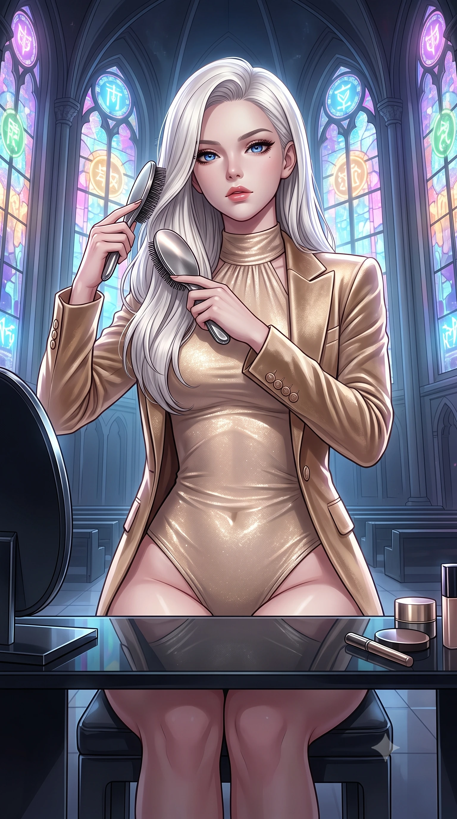 score_9, masterpiece, best quality, ultra-detailed, High-budget Anime Keyframe, Caucasian woman, strictly human ears. Low angle cowboy shot filling the entire 9:16 frame with her statuesque presence. Scenario 407: brushing her hair while seated before a vanity of black glass in a futuristic cathedral with holographic stained-glass windows. Her presence is magnetic and overpowering in this high-budget anime scene. Outfit 407: a form-contouring champagne gold shimmering chiffon bodysuit layered under a structured velvet blazer. The clothing is designed to emphasize her exceptionally tall and slender 8-heads proportion. 8-heads proportion, towering silhouette, ultra-slim waist. sharp v-shaped jawline, intricate jewel-like eyes with depth, thick eyelashes, glossy lips. 2k, ultra detail, master piece, 9:16 ratio