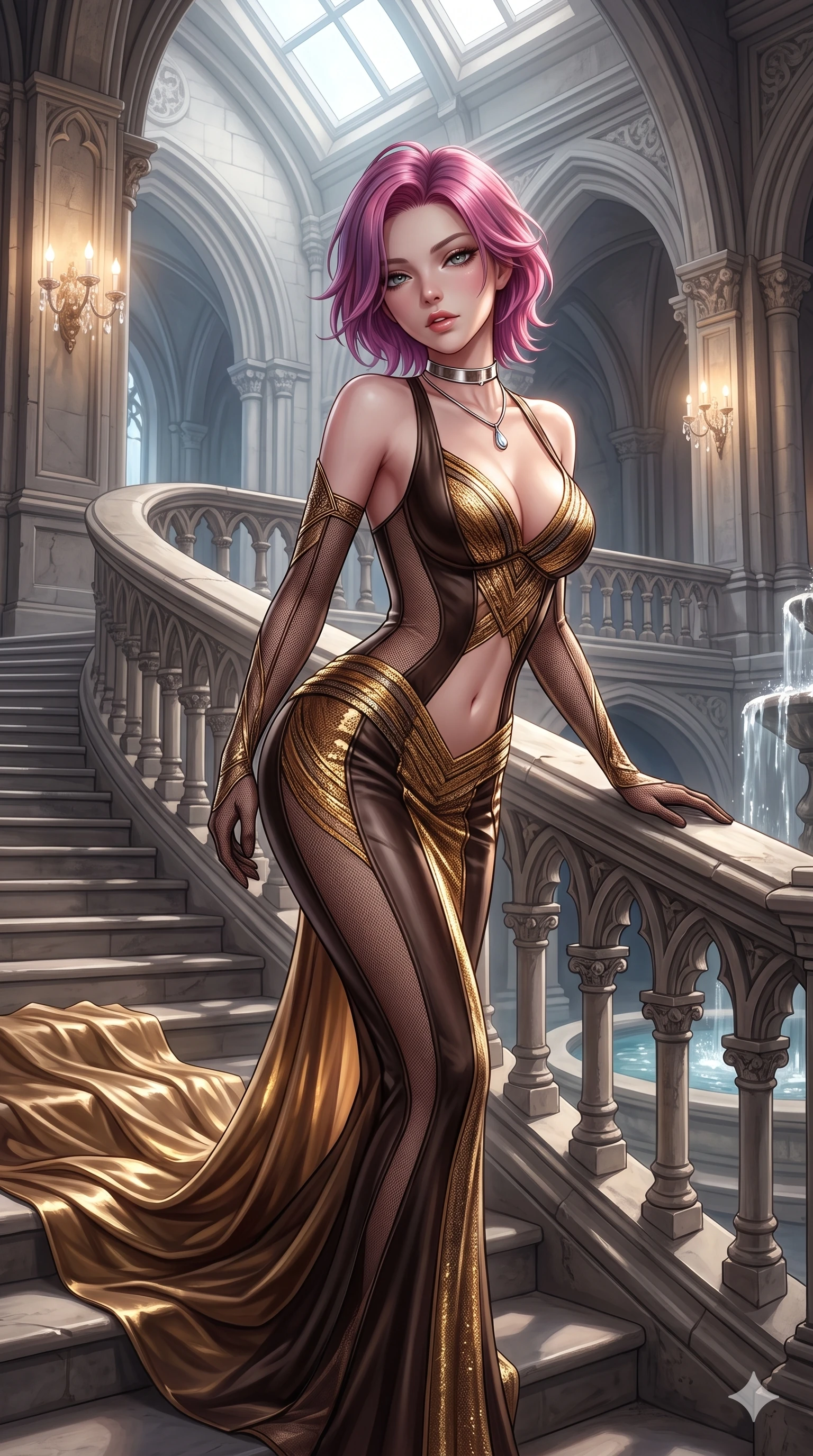 score_9, masterpiece, best quality, ultra-detailed, high-budget anime keyframe, semi-realistic 3D game render, editorial fashion photography, tasteful artistic composition, Caucasian woman. close-up cowboy shot from the waist and thighs up, the character dominates the composition, filling the frame with her large presence. leaning forward over the carved stone gothic balustrade, looking back with sleepy seductive bedroom-eyes as water reflections dance across her silhouette while standing poised halfway down the sweeping grand staircase, arching her lower back with sovereign authority as her flowing silk train drapes along the steps. The surrounding environment is rendered in vivid detail and crisp panoramic clarity: intricate second-skin silk jersey tailoring, sheer side mesh panels, and monumental neoclassical architecture in razor-sharp clarity. She has an exceptionally elegant, slender, and willowy female figure with an ultra-slim waist, flat toned midriff, narrow ribcage, and sculpted feminine hips creating an alluring, slim hourglass silhouette without bulk. sharp v-shaped jawline, high-bridge nose, intricate jewel-like sparkling eyes with depth, thick eyelashes, glossy parted lips with a natural sheen, intensely captivating and seductive bedroom-eyes expression, exuding both youthful cute charm and sovereign luxury allure, flawlessly proportioned anatomical accuracy, strict slender model proportions, natural body alignment, perfectly sculpted long slender limbs, ultra-slim waistline, clean dynamic posture without body distortion. wearing a glove-like stretch lambskin leather sheath dress accentuating her ultra-slim waistline without bulk in dark espresso brown and molten gold foil, woven from stretch metallic lurex jersey casting radiant starlight glints across her curves, finished with a minimalist chrome choker and a single teardrop diamond pendant, the form-contouring cut accentuating her sculpted flat midriff, narrow delicate ribcage, and gracefully curvy hips with intoxicating allure. bathed in the warm luminous glow of crystal wall sconces and grand overhead skylights filtering soft diffuse daylight. highly saturated vibrant anime colors, detailed shading with soft gradients, rich glossy textures, high-contrast stereoscopic depth, volumetric dynamic lighting, master piece, 9:16 ratio