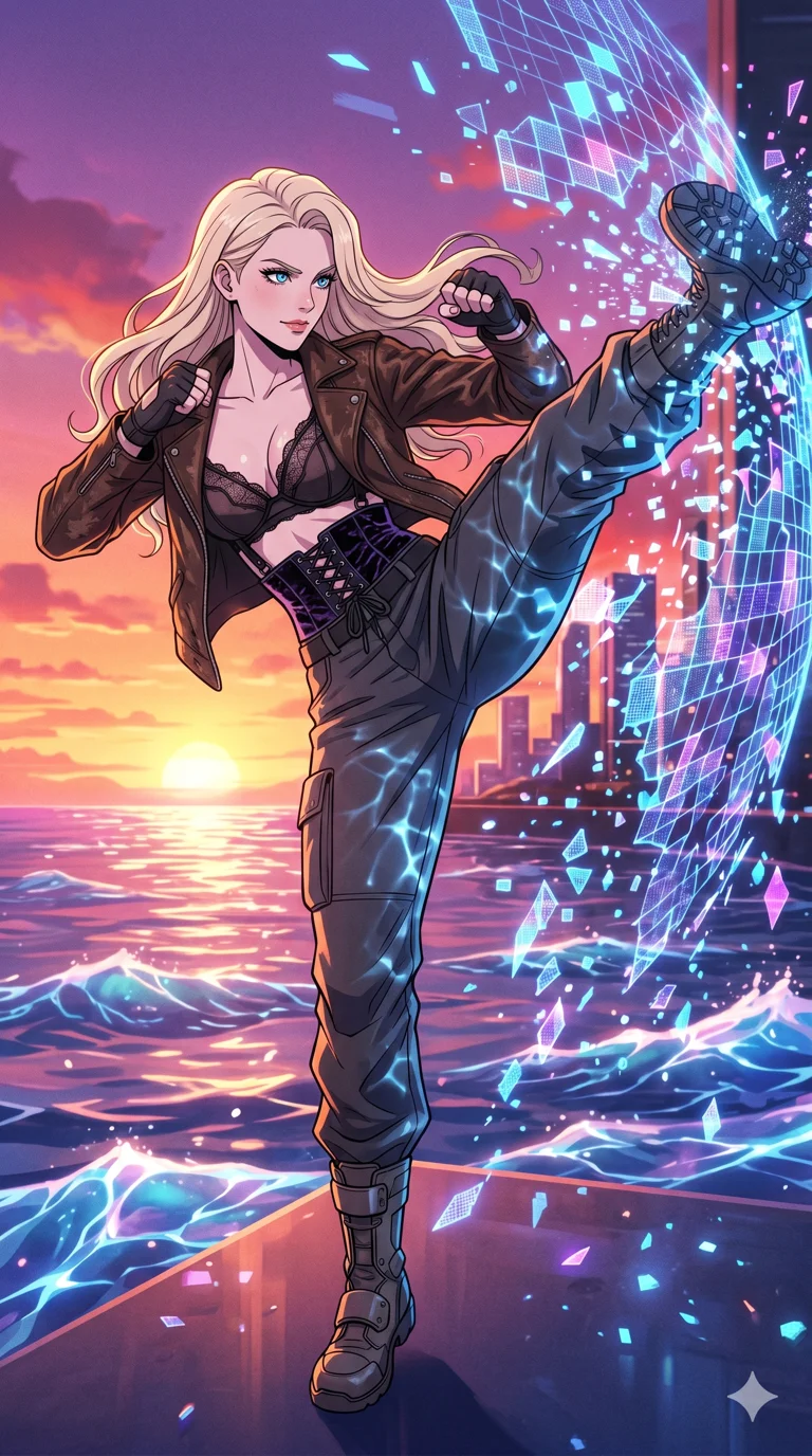 score_9, masterpiece, best quality, ultra-detailed, High-budget Anime Keyframe, vibrant colors, fluid line-art, expressive lighting, cinematic composition, Ufotable-style visual effects, top-tier animation quality, Caucasian woman with pale skin, blonde hair, and (strictly human ears). Dynamic full-body shot stretching the vertical silhouette, capturing her from a powerful low-angle perspective. Kicking through a high-security holographic barrier, the digital mesh shattering into thousands of glowing pixels. She has an absolutely perfect 8-heads proportion, an exceptionally tall and slender female figure with impossibly long slender legs and an ultra-slim waist, her statuesque height and towering silhouette dominating the vertical 9:16 frame. Her face is a masterpiece featuring a sharp v-shaped jawline, high-bridge nose, intricate jewel-like eyes with depth, thick eyelashes, and glossy lips with a natural sheen. She is wearing a Unzipped deeply leather jacket over a delicate sheer lace bra and a high-waisted harness crafted from Crushed dark velvet with a deep, rich texture that absorbs light and glows at the edges, featuring a deep plunging neckline and delicate lace-up side details. The scene is set in a vibrant sunset over a futuristic crystalline ocean with waves made of liquid light, illuminated by underwater caustic lighting with ripples of light dancing across her body. 2k, ultra detail, master piece, 9:16 ratio