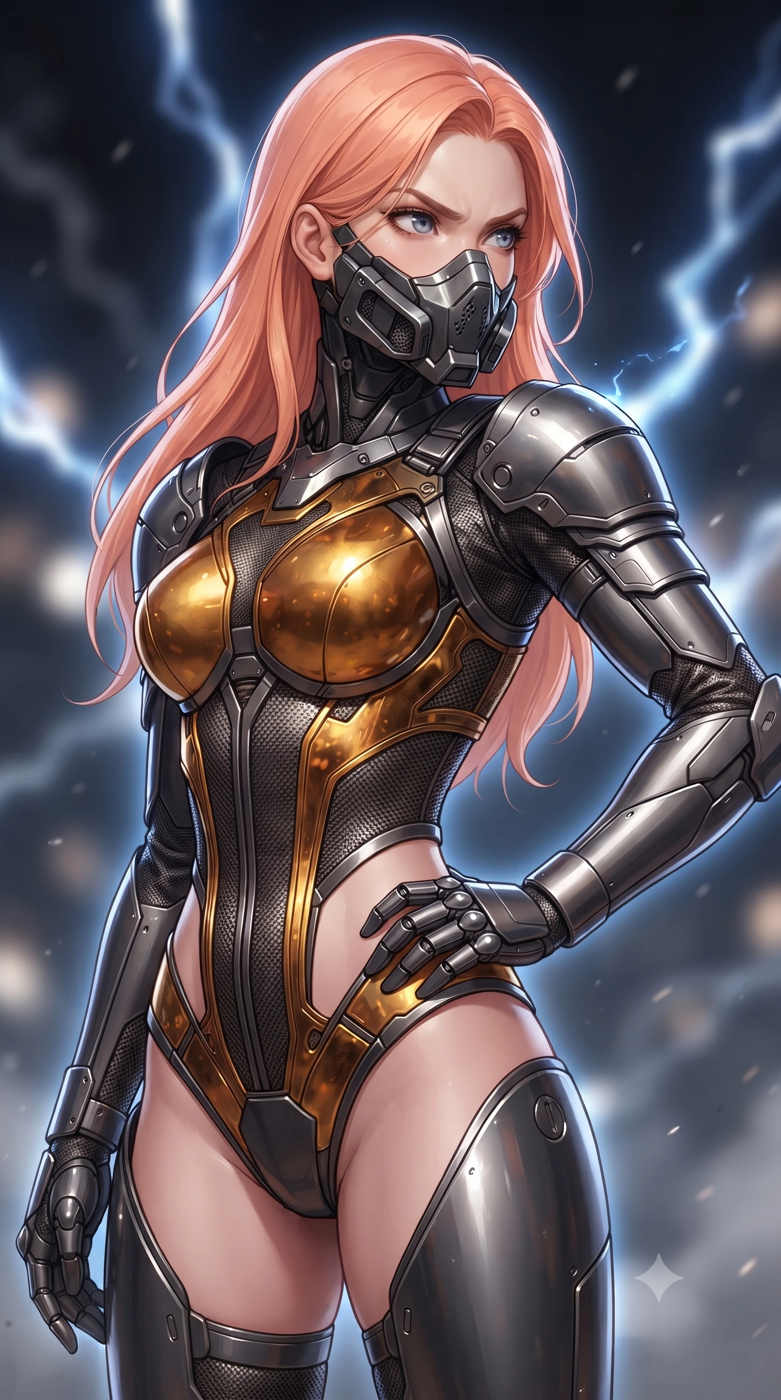 score_9, masterpiece, best quality, ultra-detailed, high-budget anime keyframe, editorial fashion photography, tasteful artistic composition, Japanese woman. close-up cowboy shot from the waist and thighs up, the character dominates the composition, filling the frame with her large presence. resting one armored hand on her hip while glancing over her shoulder with thick eyelashes and an indomitable, smoldering combat gaze while assuming a defensive Panzer Kunst stance as residual EMP charge creates a faint glowing halo around her slender silhouette. The composition keeps background elements in soft focus with creamy bokeh. crackling blue EMP lightning arcs and smoking crater rims blurred into dazzling sapphire, white-hot, and pitch-black bokeh. She has an exceptionally elegant, slender, and willowy female figure with an ultra-slim waist, a gracefully sculpted slender torso, toned flat midriff, and a refined slim silhouette. sharp v-shaped jawline, high-bridge nose, intricate jewel-like eyes with depth, thick eyelashes, glossy lips with a natural sheen, fierce and resolute heroine expression, flawlessly proportioned anatomical accuracy, strict slender model proportions, natural body alignment, perfectly sculpted long slender limbs, ultra-slim waistline, clean dynamic posture without body distortion. wearing a sleek titanium half-face combat rebreather guard protecting her lower jaw while leaving her expressive eyes and long hair flowing freely, paired with a statuesque high-fashion cyber-warrior armor suit with platinum bevels, heavy articulated shoulder guards, and an ultra-slim waist-cinching corset in molten amber-gold carbon cuirass with dark gunmetal weave, tailored from flexible second-skin ballistic carbon-mesh adhering flawlessly to her athletic build, complemented by criss-cross back harness straps highlighting her completely bare spine, the precision-cut daring openings accentuating her delicate midriff, graceful bare collarbones, and ultra-slim feminine waistline. illuminated by crisp directional rim lights sharply defining her ultra-slim waist, long legs, and flat midriff. ultra-reflective glossy finish, specular highlights, dark metallic sheen, high-contrast stereoscopic depth, volumetric dynamic lighting, 2k, ultra detail, master piece, 9:16 ratio