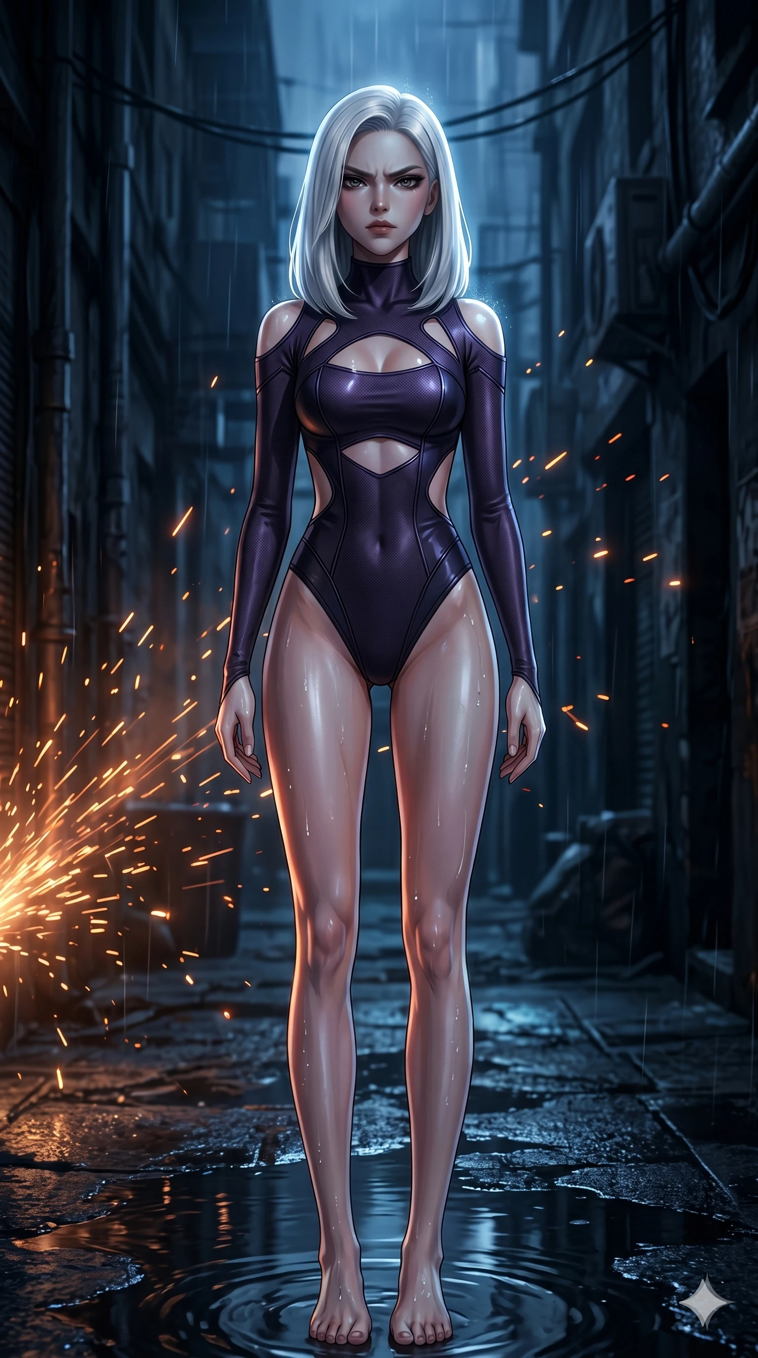 score_9, masterpiece, best quality, ultra-detailed, high-budget anime keyframe, editorial fashion photography, tasteful artistic composition, Korean woman. cowboy shot from the thighs up, character and outfit filling the frame for maximum editorial presence. tilting her chin down as she glares beneath knitted brows, her expression dark and menacing standing in a rain-slicked dark alleyway facing off against an unseen enemy (Scenario Code A-35). She has an absolutely perfect 8-heads proportion, an exceptionally tall and slender female figure with impossibly long slender legs and an ultra-slim waist. V-shaped jawline, high-bridge nose, intricate jewel-like eyes with depth, thick eyelashes, glossy lips with a natural sheen. wearing a skin-tight dark violet bodysuit featuring geometric keyhole cutouts and open-back. bathed in a high-contrast chiaroscuro with a cold blue key light and warm orange sparks. 2k, ultra detail, master piece, 9:16 ratio