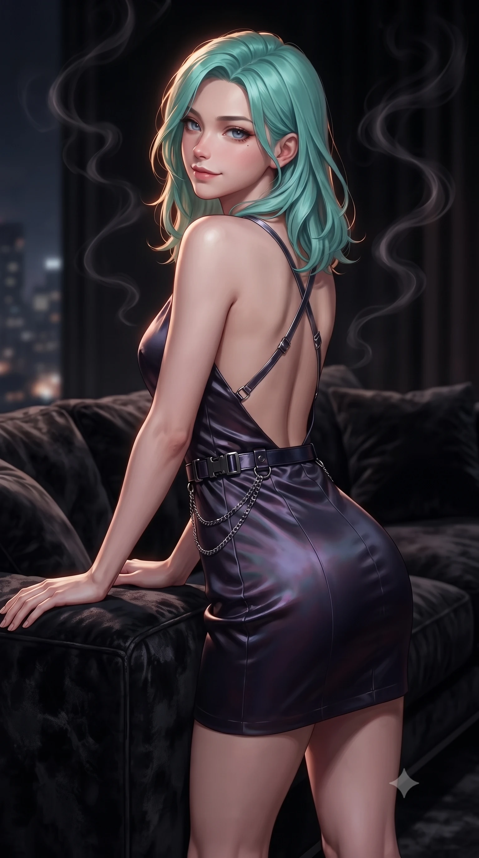 score_9, masterpiece, best quality, ultra-detailed, high-budget anime keyframe, editorial fashion photography, tasteful artistic composition, Japanese woman. close-up cowboy shot from the waist and thighs up, the character dominates the composition, filling the frame with her large presence, background elements kept in soft focus. Glancing sidelong over her shoulder with a smoldering, enigmatic half-smile, leaning against a plush crushed black velvet lounge sofa in a shadowy penthouse, swirling smoky trails rising gracefully into the dark moody air. She has an exceptionally elegant, slender, and willowy female figure with an ultra-slim waist, a gracefully sculpted slender torso, and a refined silhouette. sharp v-shaped jawline, high-bridge nose, intricate jewel-like eyes with depth, thick eyelashes, glossy lips with a natural sheen. wearing dramatically scooped backless dark satin mini dress with criss-cross chrome straps in pitch-black onyx, made of iridescent dark violet taffeta, framed by dark titanium buckles and silver chain details, the fitted fabric emphasizing her ultra-slim waist. surrounded by a moody nocturnal ambiance with subtle warm rim highlights. ultra-reflective glossy finish, specular highlights, metallic sheen, high-contrast stereoscopic depth, volumetric dynamic lighting, 2k, ultra detail, master piece, 9:16 ratio