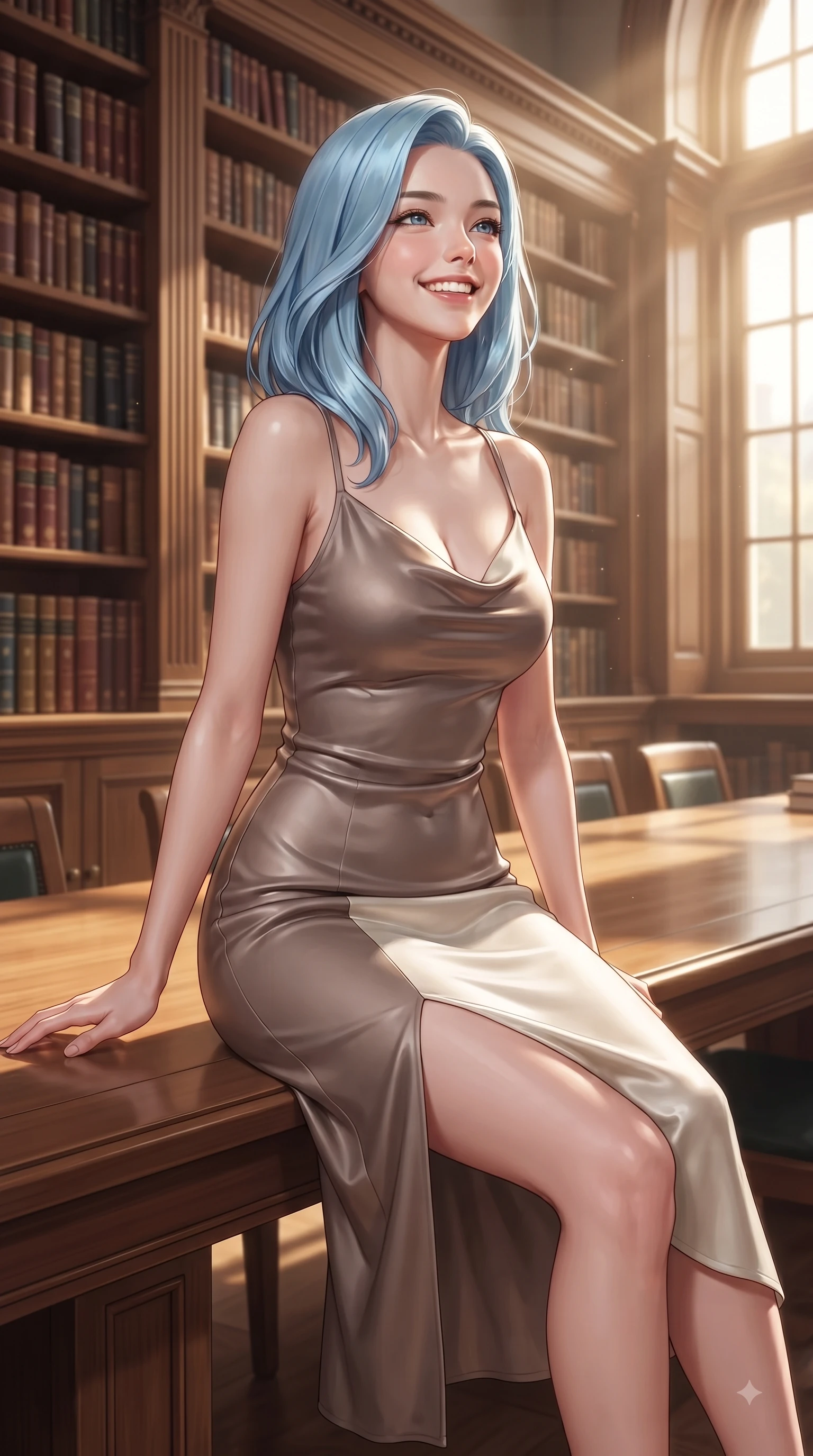 score_9, masterpiece, best quality, ultra-detailed, high-budget anime keyframe, editorial fashion photography, tasteful artistic composition, Korean woman. close-up cowboy shot from the waist and thighs up, the character dominates the composition, filling the frame with her large presence, background elements kept in soft focus. Tilting her chin up with a sweet beaming smile of pure delight while balancing dynamically amidst the scene while sitting at a long wooden study table in a quiet sunlit library room with an intelligent cute smile, thousands of classic leather-bound volumes stacked along majestic wooden bookcases. She has an exceptionally elegant, slender, and willowy female figure with an ultra-slim waist, a gracefully sculpted slender torso, and a refined silhouette. sharp v-shaped jawline, high-bridge nose, intricate jewel-like eyes with depth, thick eyelashes, glossy lips with a natural sheen, flawlessly proportioned anatomical accuracy, natural body alignment, perfectly sculpted elegant limbs, clean dynamic posture without body distortion. wearing an elegant cowl-neck satin midi dress with a graceful draped neckline in muted taupe and soft ivory, made of premium stretch velvet with a rich sheen, finished with a sleek side slit ascending to mid-thigh, the sleek second-skin texture accentuating her magnetic presence. surrounded by a serene, intelligent, and fresh academic atmosphere. ultra-reflective glossy finish, specular highlights, metallic sheen, high-contrast stereoscopic depth, volumetric dynamic lighting, 2k, ultra detail, master piece, 9:16 ratio