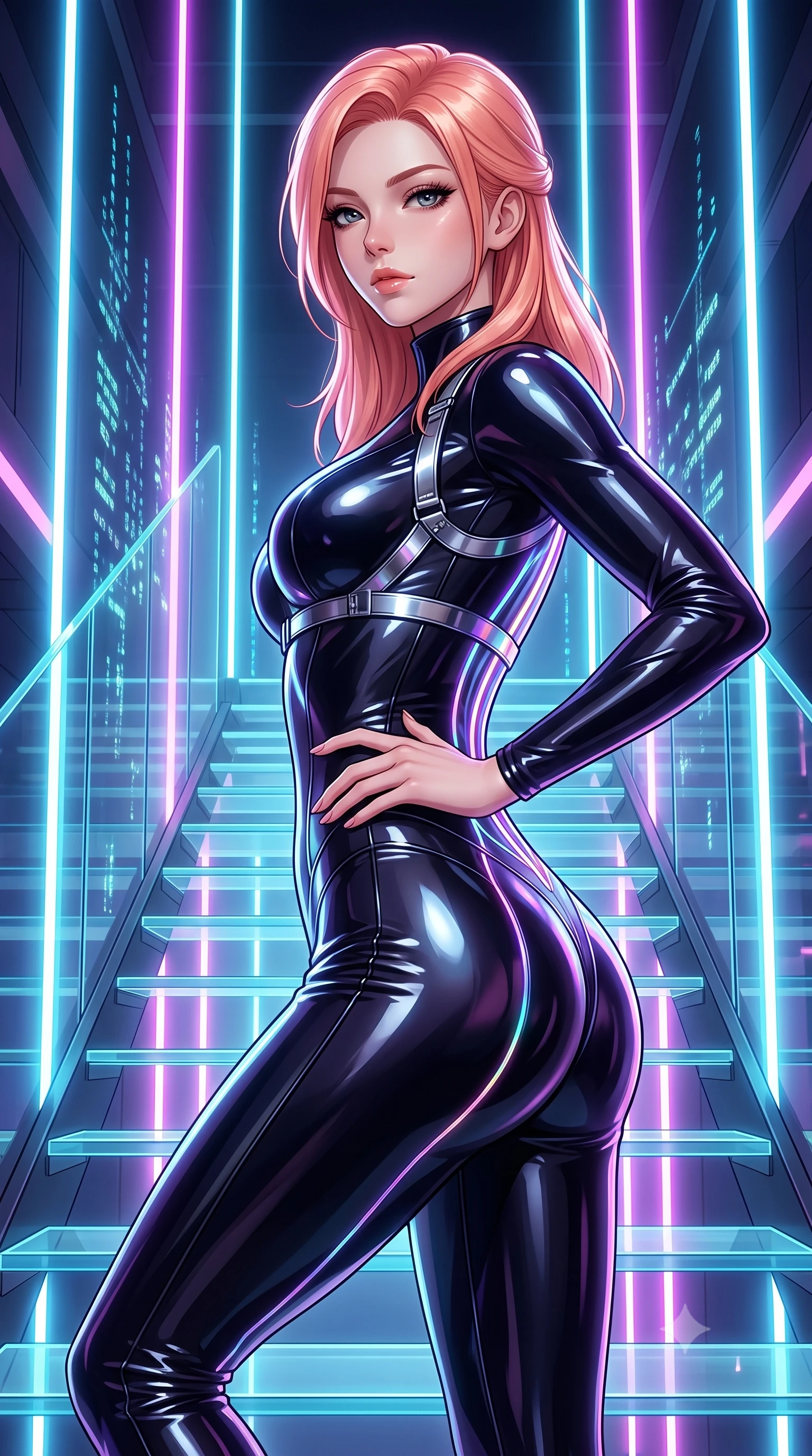 score_9, masterpiece, best quality, ultra-detailed, high-budget anime keyframe, semi-realistic 3D game render, editorial fashion photography, tasteful artistic composition, Japanese woman. close-up cowboy shot from the waist and thighs up, the character dominates the composition, filling the frame with her large presence. twisting her upper body in a dynamic S-curve with commanding allure, one hand resting on her slender waist with haughty grace while ascending a suspended glass stairway illuminated by vertical neon light shafts with divine cybernetic majesty. The surrounding environment is rendered in vivid detail and crisp panoramic clarity. high-contrast futuristic chiaroscuro and sacred cybernetic architecture rendered with environmental sharpness. She has an exceptionally elegant, slender, and willowy female figure with an ultra-slim waist, a gracefully sculpted slender torso, toned flat midriff, and a refined slim silhouette. sharp v-shaped jawline, high-bridge nose, intricate jewel-like eyes with depth, thick eyelashes, glossy lips with a natural sheen, flawlessly proportioned anatomical accuracy, strict slender model proportions, natural body alignment, perfectly sculpted long slender limbs, ultra-slim waistline, clean dynamic posture without body distortion. wearing an ultra-sleek aerodynamic tech-jumpsuit sculpted tightly to her figure, accented with glowing fiber-optic spine lines in iridescent holographic chrome with prism violet highlights, formed from high-gloss patent material with specular chiaroscuro reflections, reinforced by a sleek metallic chrome harness and delicate glowing micro-straps, the form-contouring material adhering flawlessly to her sculpted flat midriff and slender torso, emphasizing her long leg lines and perfectly proportioned willowy build. illuminated by crisp white key light and sharp specular rim highlights tracing her slender curves. rich saturated anime colors with glowing neon highlights, detailed shading with soft gradients, rich glossy textures, high-contrast stereoscopic depth, volumetric dynamic lighting, master piece, 9:16 ratio