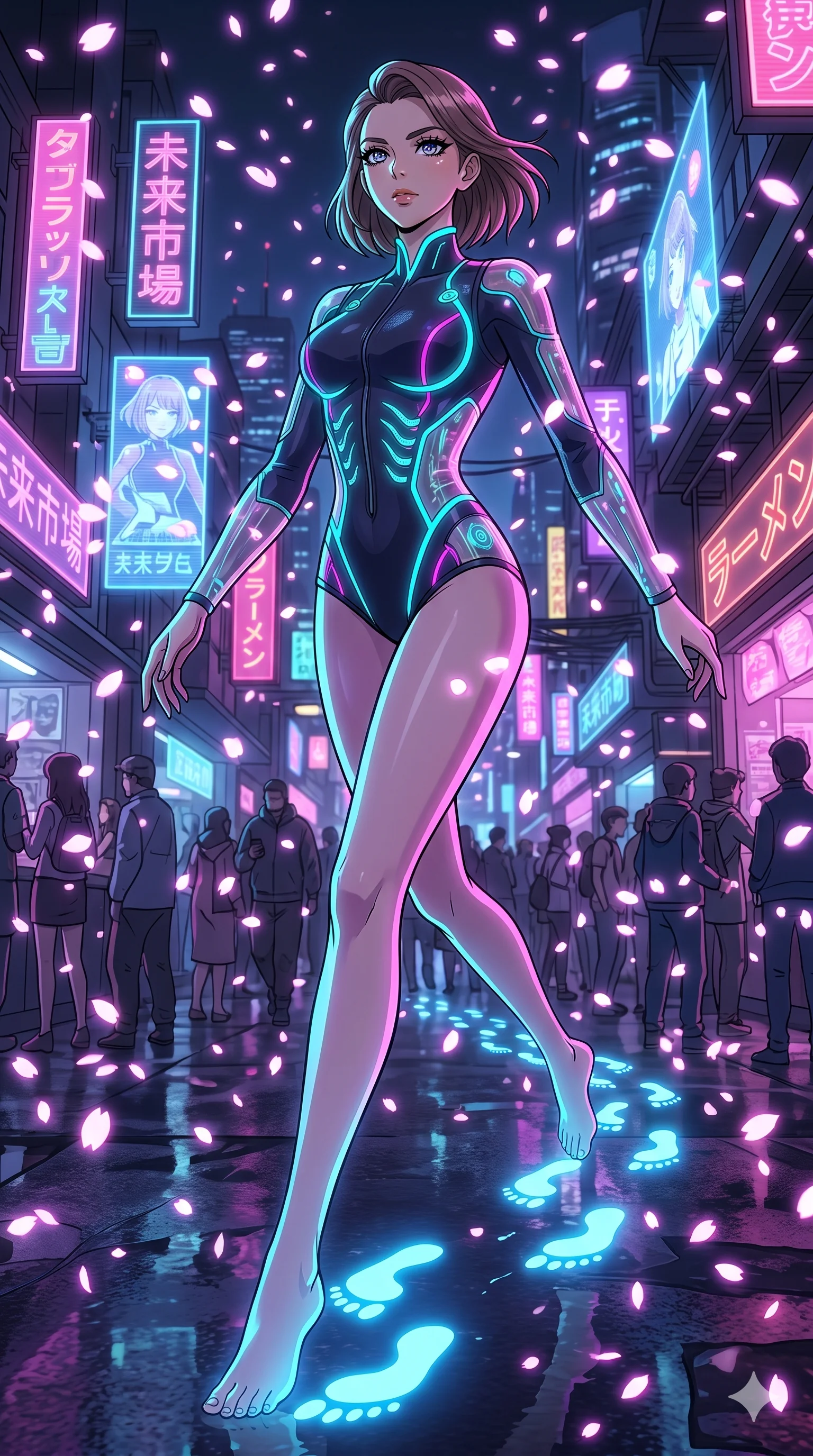 score_9, masterpiece, best quality, ultra-detailed, Set A: High-budget Anime Keyframe, Caucasian (strictly human ears) woman. Upper body close-up from the thighs up, character filling the screen for maximum presence. Sliding through a futuristic night market, as she leaves a trail of 78 glowing footprints and surrounded by digital sakura petals. She has an absolutely perfect 8-heads proportion, an exceptionally tall and slender female figure with impossibly long slender legs and an ultra-slim waist. Sharp v-shaped jawline, high-bridge nose, intricate jewel-like eyes with depth, thick eyelashes, glossy lips with a natural sheen. Wearing Neon-lit scuba suit with transparent panels and bioluminescent glowing gills. Cinematic lighting, vibrant colors, dramatic shadows, 2k, ultra detail, master piece, 9:16 ratio