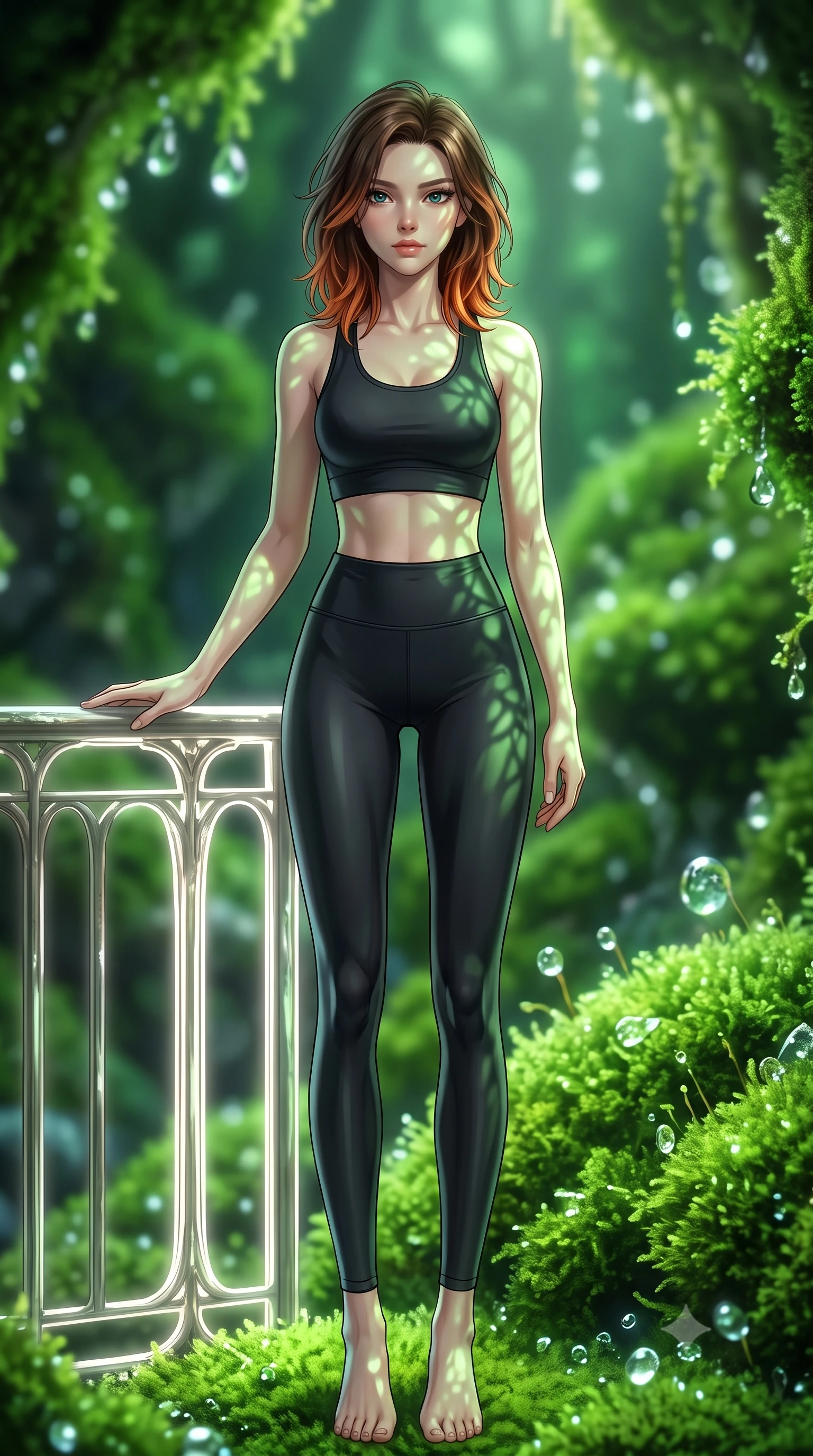 score_9, masterpiece, best quality, ultra-detailed, high-budget anime keyframe, editorial fashion photography, tasteful artistic composition, Korean woman. low angle full-body shot from head to toe showing her feet, filling the entire 9:16 vertical frame with her statuesque presence, stretching her vertical silhouette. standing in a tall, confident posture with one hand on a glowing metal railing, stretching her statuesque body, the background shows a soft-focus a luminescent moss grotto with soft emerald moss carpets and crystal drops. She has an absolutely perfect, statuesque 8.5-heads proportion, an exceptionally tall and slender model-like female figure with impossibly long slender legs and an ultra-slim waist. sharp v-shaped jawline, high-bridge nose, intricate jewel-like eyes with depth, thick eyelashes, glossy lips with a natural sheen. wearing a tailored form-fitting athletic crop top and matching high-waisted compression leggings in sleek carbon-black tech fabric. soft emerald moss carpets projecting green light patterns across her form. highly saturated vibrant anime colors, detailed shading with soft gradients, rich glossy textures, high-contrast stereoscopic depth, volumetric dynamic lighting, master piece, 9:16 ratio