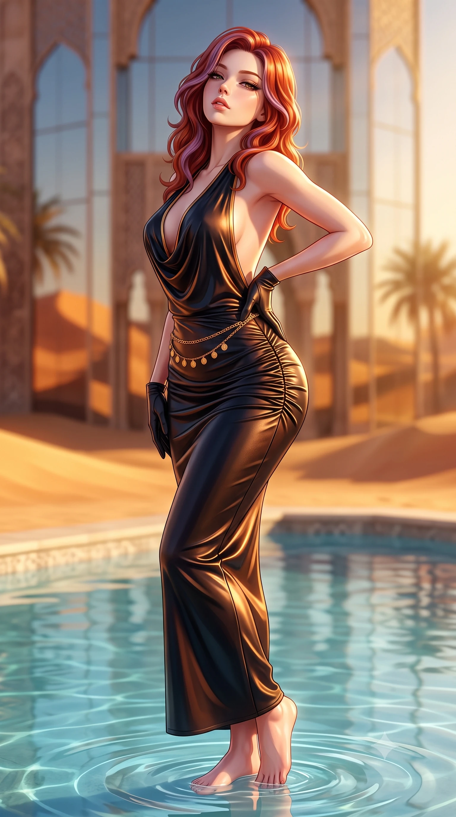 score_9, masterpiece, best quality, ultra-detailed, high-budget anime keyframe, semi-realistic 3D game render, editorial fashion photography, tasteful artistic composition, Caucasian woman. close-up cowboy shot from the waist and thighs up, the character dominates the composition, filling the frame with her large presence. tilting her chin up with proud, sovereign allure while gazing through thick eyelashes, one hand resting on her waist in pure supermodel charisma while dipping her toes into a crystal oasis pool before a mirrored desert palace, hips cocked back in a seductive S-curve as she looks over her shoulder. The composition keeps background elements in soft focus with creamy bokeh. shifting golden sand dunes and distant oasis palm silhouettes blurred into molten amber, terracotta, and honey-gold bokeh. She has an exceptionally elegant, slender, and willowy female figure with an ultra-slim waist, a gracefully sculpted slender torso, toned flat midriff, and rounded feminine hips creating an alluring hourglass silhouette. sharp v-shaped jawline, high-bridge nose, intricate jewel-like eyes with depth, thick eyelashes, glossy parted lips with a natural sheen, intensely captivating and seductive bedroom-eyes expression, flawlessly proportioned anatomical accuracy, strict slender model proportions, natural body alignment, perfectly sculpted long slender limbs, ultra-slim waistline, clean dynamic posture without body distortion. wearing a backless draped silk jersey column gown with molten copper sheen and hip-accentuating ruching in deep obsidian black and metallic gold accents, crafted from second-skin supple lambskin leather with liquid drape, accented with a delicate gold coin chain belt resting loosely on her curvy hips, the glove-like aerodynamic silhouette tightly following the natural contour of her hips and long slender legs with statuesque precision. illuminated by dramatic low-angle sun rays defining her razor-sharp jawline, narrow waist, and curvy hips. highly saturated vibrant anime colors, detailed shading with soft gradients, rich glossy textures, high-contrast stereoscopic depth, volumetric dynamic lighting, master piece, 9:16 ratio