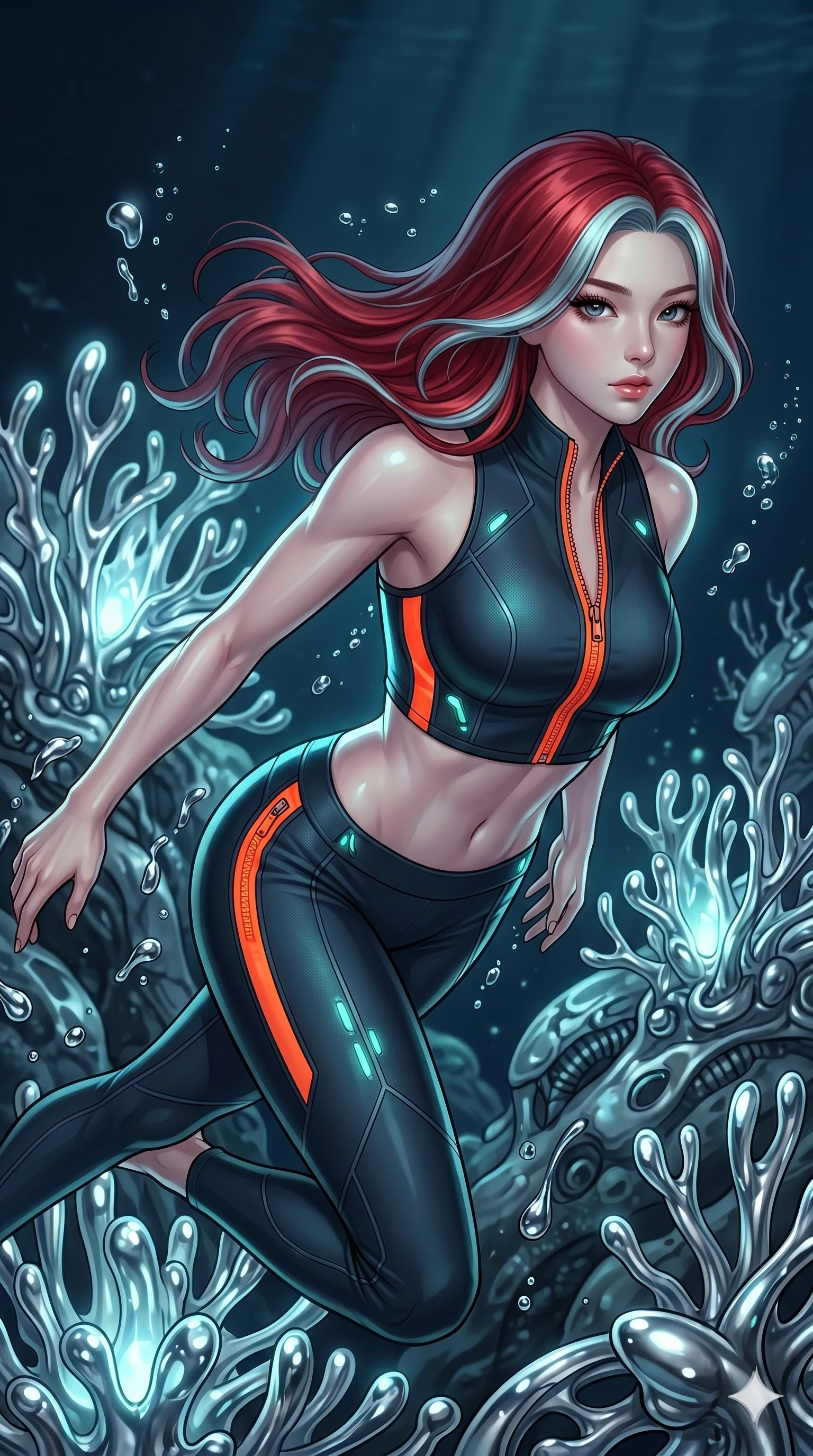 score_9, masterpiece, best quality, ultra-detailed, high-budget anime keyframe, Korean woman. upper body close-up from the thighs up, character filling the screen for maximum presence. diving through a bionic fluid mercury reef where self-replicating liquid chrome corals pulse under dark ocean water. She has an absolutely perfect 8-heads proportion, an exceptionally tall and slender female figure with impossibly long slender legs and an ultra-slim waist. V-shaped jawline, high-bridge nose, intricate jewel-like eyes with depth, thick eyelashes, glossy lips with a natural sheen.. wearing a second-skin neoprene cyber-athleisure set, featuring a tight crop top and leggings with fluorescent orange zipper accents and side slash panels. lit by a soft glowing ambient light and a sharp side key light that traces the sleek contours of her athletic build. 2k, ultra detail, master piece, 9:16 ratio