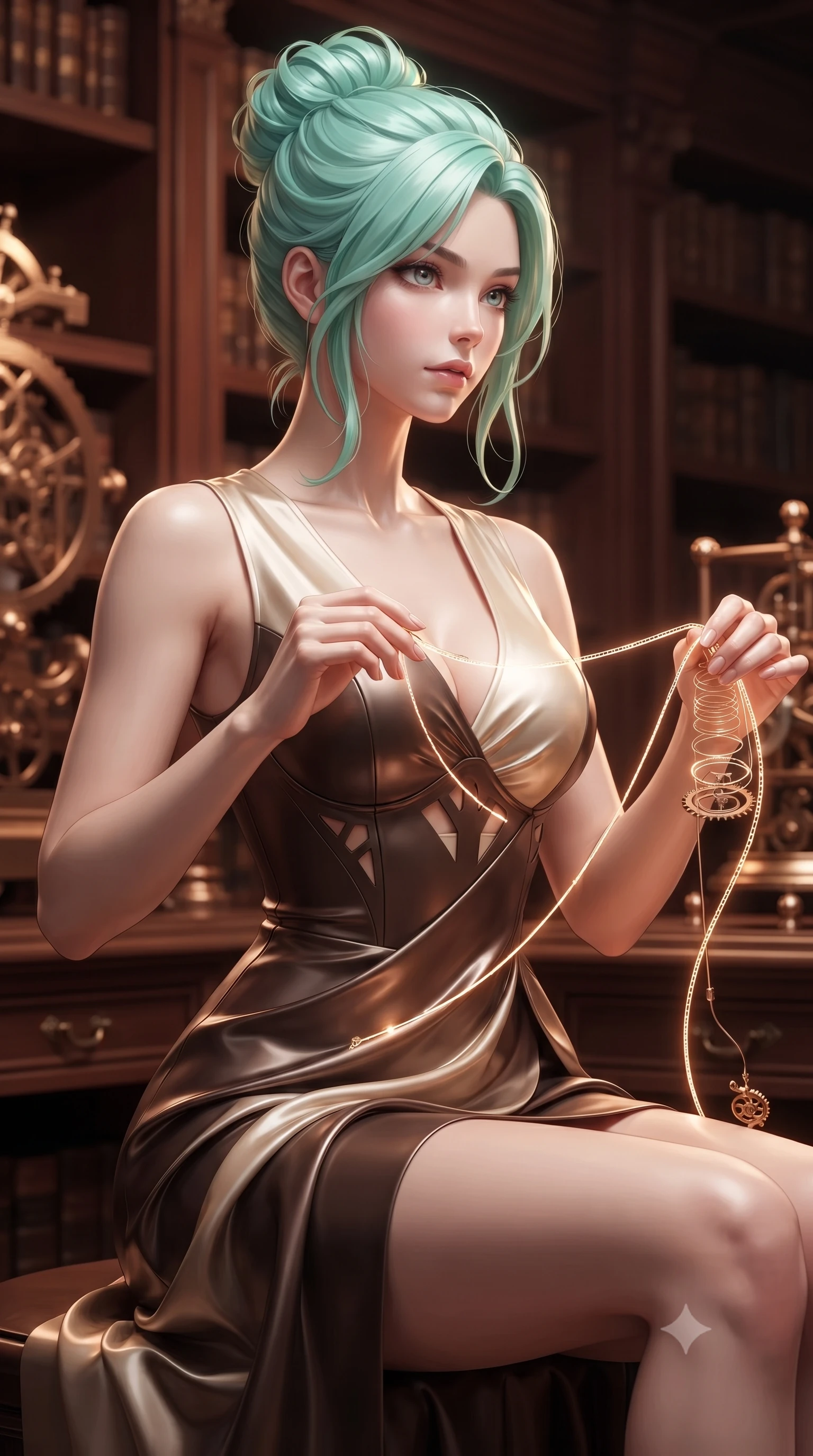 score_9, masterpiece, best quality, ultra-detailed, high-budget anime keyframe, editorial fashion photography, tasteful artistic composition, Japanese woman. close-up cowboy shot from the waist and thighs up, the character dominates the composition, filling the frame with her large presence, background elements kept in soft focus. Gazing past the camera with an air of effortless elegance and mysterious confidence threading glowing clockwork spring wires inside a majestic archives hall, rich mahogany and polished bronze textures reflecting warm hearth light. She has an exceptionally elegant, slender, and willowy female figure with an ultra-slim waist, a gracefully sculpted slender torso, and a refined silhouette. sharp v-shaped jawline, high-bridge nose, intricate jewel-like eyes with depth, thick eyelashes, glossy lips with a natural sheen. wearing a modern fusion silk hanbok dress with a structured bodice in espresso brown and warm cream, crafted from lustrous satin jersey with fluid draping, featuring subtle geometric cutouts that highlight her ultra-slim midriff, the form-contouring material highlighting her ultra-slim waist and long lines. surrounded by warm hearth light and dramatic bronze rim highlights. ultra-reflective glossy finish, specular highlights, metallic sheen, high-contrast stereoscopic depth, volumetric dynamic lighting, 2k, ultra detail, master piece, 9:16 ratio