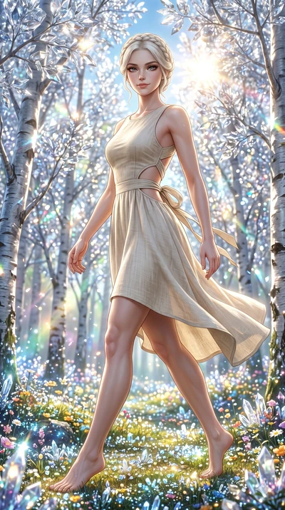 score_9, masterpiece, best quality, ultra-detailed, Set A: Photorealistic 8k CG, Japanese woman. Low angle cowboy shot filling the entire 9:16 frame with her statuesque presence. Walking through a forest of trees with silver bark and crystal leaves t