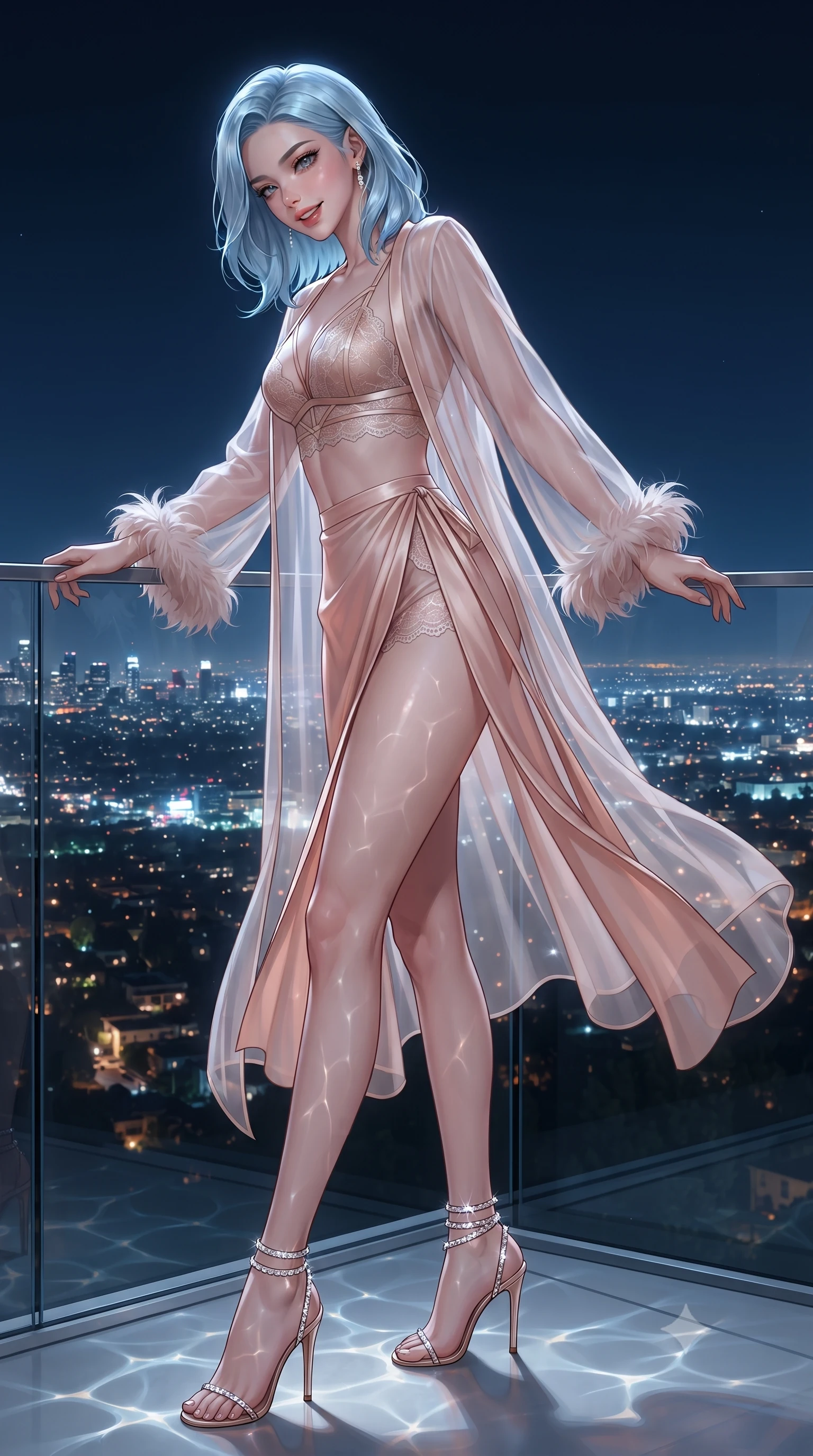 score_9, masterpiece, best quality, ultra-detailed, high-budget anime keyframe, editorial fashion photography, tasteful artistic composition, Korean woman. low angle full-body shot from head to toe showing her feet, filling the entire 9:16 vertical frame with her statuesque presence, stretching her vertical silhouette. executing a slow, graceful pivot turn as her skirt sways around her slender legs, glancing back with an enchanting, teasing sensual expression while leaning over the glass edge with hips cocked back, looking down at the illuminated Sunset Strip with an intoxicating bedroom-gaze. The surrounding environment is rendered in vivid detail and crisp panoramic clarity: detailed sheer organza boudoir peignoir drape, satin bralette cling, and hillside engineering in razor-sharp precision. She has an exceptionally tall and slender model-like 8.5-heads proportion, an ultra-slim waist, a flat toned midriff, narrow delicate ribcage, and beautifully sculpted feminine hips creating a graceful, slim hourglass silhouette without any bulky heaviness, with impossibly long slender legs. sharp v-shaped jawline, high-bridge nose, intricate jewel-like sparkling eyes with depth, thick eyelashes, glossy parted lips with a natural peach sheen, bright cheerful beaming smile with an enchanting and coquettish sensual glint, exuding both youthful cute charm and seductive allure, flawlessly proportioned anatomical accuracy, strict slender model proportions, natural body alignment, perfectly sculpted long slender limbs, ultra-slim waistline, clean dynamic posture without body distortion. wearing a delicate translucent silk boudoir robe with feather-trimmed cuffs worn open over a strappy lace bralette and micro-shorts in Bel Air sunset rose gold and dewy alabaster, made of sheer gossamer chiffon that drapes softly against skin with airy translucence, complemented by strappy stiletto sandals with crystal ankle wraps accentuating her slender calves, the high-slit wrap tailoring accentuating her ultra-slim waistline and the enchanting curve of her feminine hips with alluring seductive charm. illuminated by pool surface caustics bounce and sharp platinum-cyan rim lights defining her jawline, flat midriff, and feminine hips. ultra-reflective glossy finish, specular highlights, rich textural contrasts, high-contrast stereoscopic depth, volumetric dynamic lighting, 2k, ultra detail, master piece, 9:16 ratio
