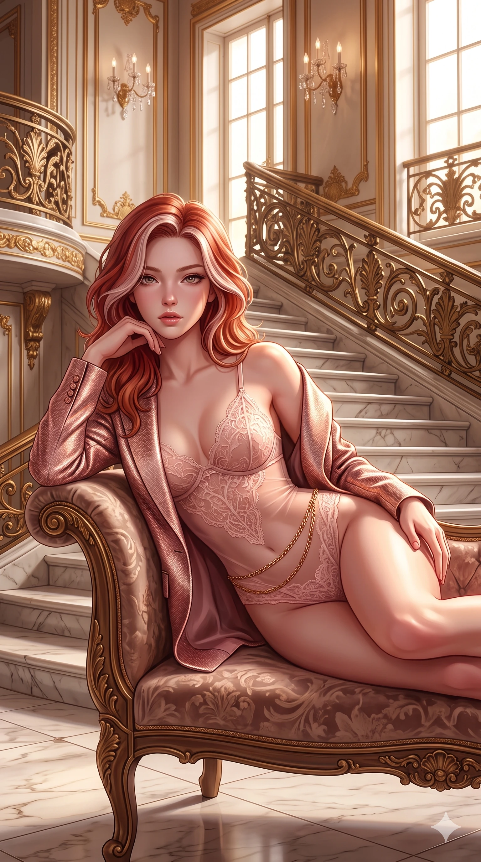 score_9, masterpiece, best quality, ultra-detailed, high-budget anime keyframe, semi-realistic 3D game render, editorial fashion photography, tasteful artistic composition, Caucasian woman. close-up cowboy shot from the waist and thighs up, the character dominates the composition, filling the frame with her large presence. perched sideways on the vintage settee, one knee drawn up to showcase her slender leg line while her arched back accentuates her feminine hip curve while reclining on the broad marble stair landing propped on one elbow, her long slender legs and sculpted waist commanding the opulent Belle Époque space. The surrounding environment is rendered in vivid detail and crisp panoramic clarity: sharp marble step vein textures, crisp cast-bronze acanthus leaf details, and crystal wall sconce facets in deep focus. She has an exceptionally elegant, slender, and willowy female figure with an ultra-slim waist, flat toned midriff, narrow ribcage, and sculpted feminine hips creating an alluring, slim hourglass silhouette without bulk. sharp v-shaped jawline, high-bridge nose, intricate jewel-like sparkling eyes with depth, thick eyelashes, glossy parted lips with a natural sheen, intensely captivating and seductive bedroom-eyes expression, exuding both youthful cute charm and sovereign luxury allure, flawlessly proportioned anatomical accuracy, strict slender model proportions, natural body alignment, perfectly sculpted long slender limbs, ultra-slim waistline, clean dynamic posture without body distortion. wearing a delicate sheer French Chantilly lace teddy layered under an open tailored metallic blazer draped over bare shoulders in rose-quartz blush and burnished copper, woven from high-density tech-wool with subtle metallic thread weave, accented with a delicate gold chain belt resting loosely on her curvy hips, the impeccably tailored cut draping gracefully along her slender figure with aristocratic poise. illuminated by white marble floor bounce and sharp diamond-gold rim lights carving her sculpted collarbones, ultra-slim waist, and curvy hips. highly saturated vibrant anime colors, detailed shading with soft gradients, rich glossy textures, high-contrast stereoscopic depth, volumetric dynamic lighting, master piece, 9:16 ratio
