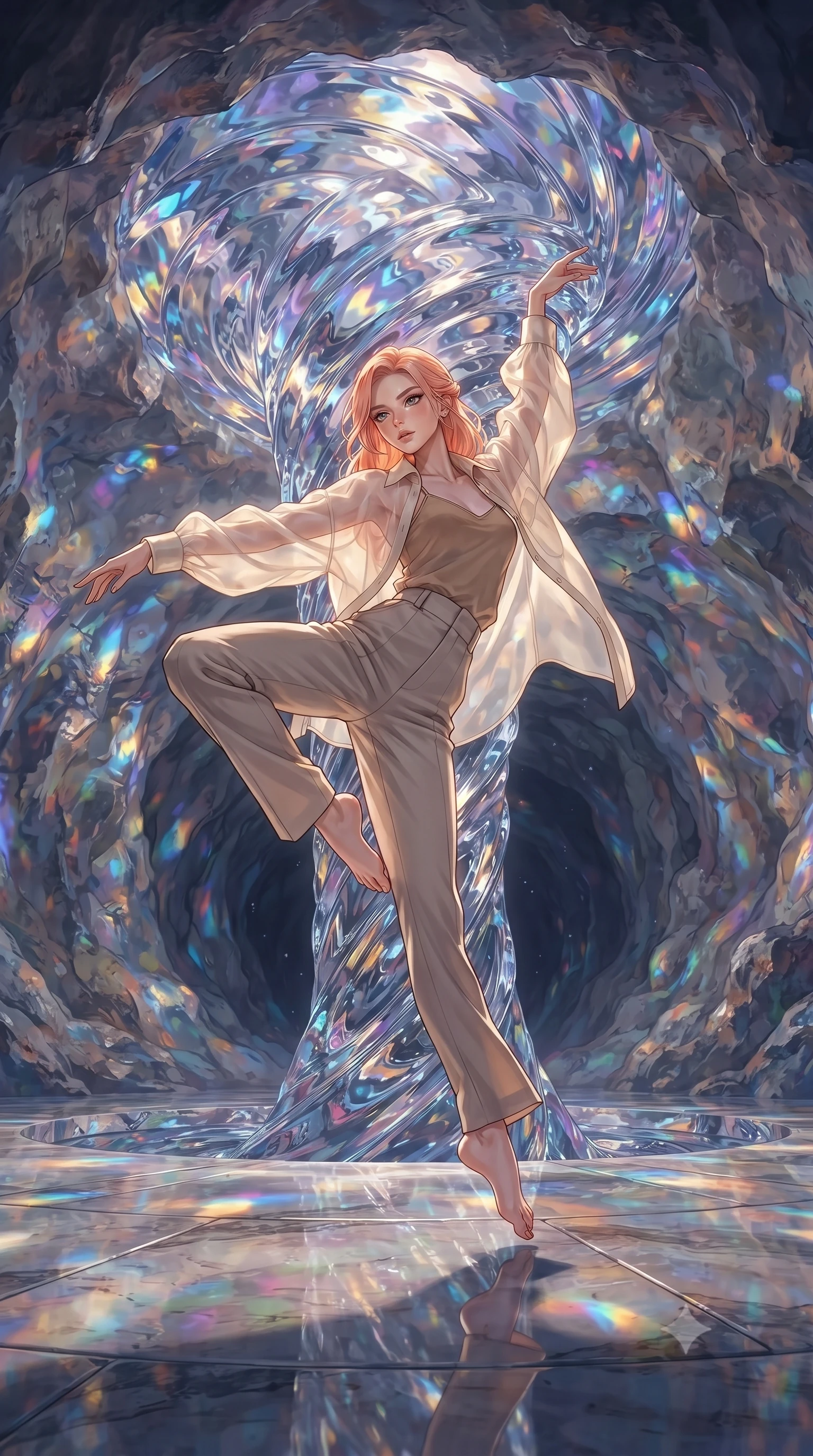 score_9, masterpiece, best quality, ultra-detailed, high-budget anime keyframe, editorial fashion photography, tasteful artistic composition, Japanese woman. low angle full-body shot from head to toe showing her feet, filling the entire 9:16 vertical frame with her statuesque presence, stretching her vertical silhouette. dancing with weightless grace through inside a vast cavern where a whirlpool of liquid crystal spirals downward into an unknown depth casting kaleidoscopic reflections across the rough cave walls as it rotates and refracts all available light. She has a statuesque 8.5-heads proportion, an exceptionally tall, slender and willowy model-like build with impossibly long legs and a highly sculpted ultra-slim waist. sharp v-shaped jawline, high-bridge nose, intricate jewel-like eyes with depth, thick eyelashes, glossy lips with a natural sheen. wearing a semi-transparent cream organza oversized shirt layered naturally over a tan-colored camisole top, paired with tailored trousers. soft glowing ambient light with sharp side key light tracing the sleek contours of her figure. 2k, ultra detail, master piece, 9:16 ratio