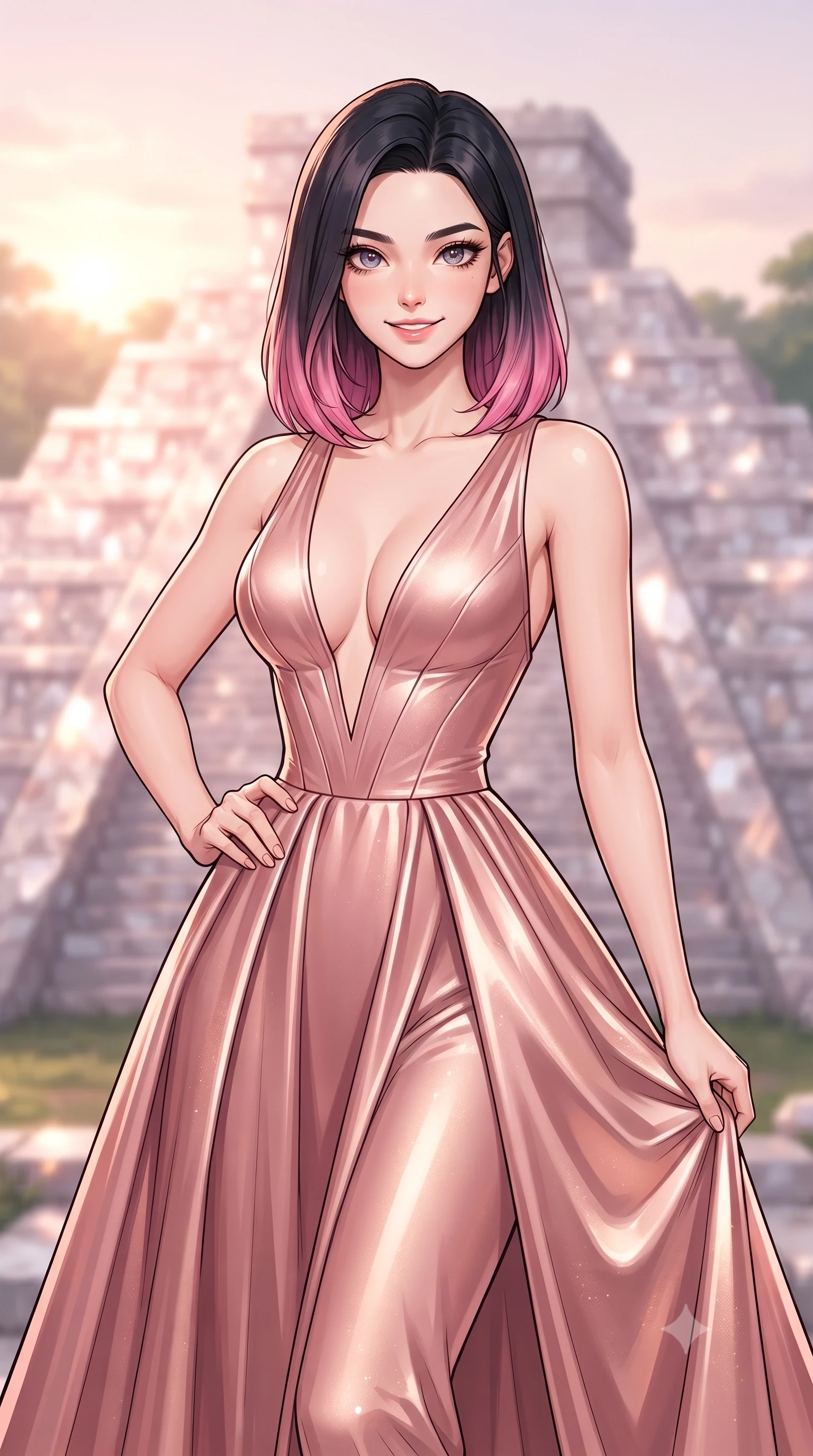 score_9, masterpiece, best quality, ultra-detailed, high-budget anime keyframe, editorial fashion photography, tasteful artistic composition, gorgeous anime illustration, with clean line-art, distinct ink outlines, and high-contrast stereoscopic depth, Korean woman. close-up cowboy shot from the waist and thighs up, the character dominates the composition, filling the frame with her large presence, background elements kept in soft focus. Gazing ahead with a happy, optimistic expression and a gentle smile. set against a soft-focus background of atop a Mayan step pyramid made entirely of raw white quartz crystal in the heart of the Yucatan jungle, reflecting the sunrise over the emerald canopy. She has an exceptionally elegant, slender, and willowy female figure with a highly-defined ultra-slim waist, a gracefully sculpted slender torso, and a refined slim-fit silhouette that contours her form. sharp v-shaped jawline, high-bridge nose, intricate jewel-like eyes with depth, thick eyelashes, glossy lips with a natural sheen. wearing a floor-length gown in liquid rose gold, featuring an ultra-deep plunging V-neckline and a highly structured bodice. soft warm rose-gold dawn light reflecting off the crystal surfaces, creating a shimmering pastel glow across the structure. 2k, ultra detail, master piece, 9:16 ratio, highly saturated vibrant anime colors, detailed cel-shading with soft gradients, rich glossy textures, deep contrast, volumetric dynamic lighting, 2d animation style