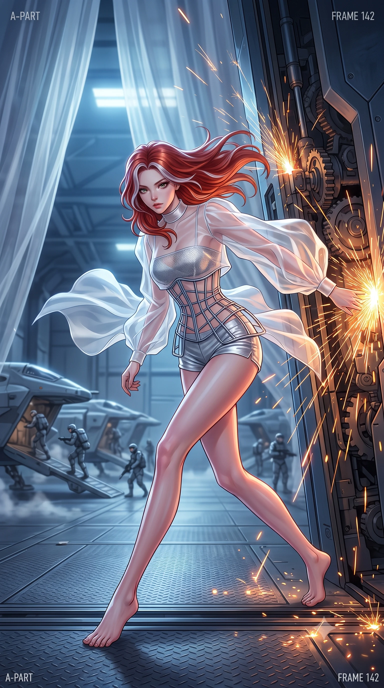 score_9, masterpiece, best quality, ultra-detailed, high-budget anime keyframe, editorial fashion photography, tasteful artistic composition, Caucasian woman, strictly human ears. low angle full-body shot from head to toe showing her feet, filling the entire 9:16 vertical frame with her statuesque presence, stretching her vertical silhouette. sliding underneath a closing blast door in a sleek combat stance with sparks flying around her inside a row of drop-ships in a hangar, steam venting from hydraulic launch ramps as troops board in soft focus. She has a statuesque 8.5-heads proportion, an exceptionally tall, slender and willowy model-like build with impossibly long legs and a highly sculpted ultra-slim waist. sharp v-shaped jawline, high-bridge nose, intricate jewel-like eyes with depth, thick eyelashes, glossy lips with a natural sheen. wearing the lightweight fabric rippling and billowing dramatically with her movement, a tailored sheer white organza crop top revealing her silhouette, paired with a structured wireframe steel corset and silver micro-shorts. highly saturated vibrant anime colors, intense vivid color palette, soft 3D volumetric shading, volumetric dynamic lighting, cold silver moonlight filtered through translucent gossamer curtains casting delicate shadows. 2k, ultra detail, master piece, 9:16 ratio