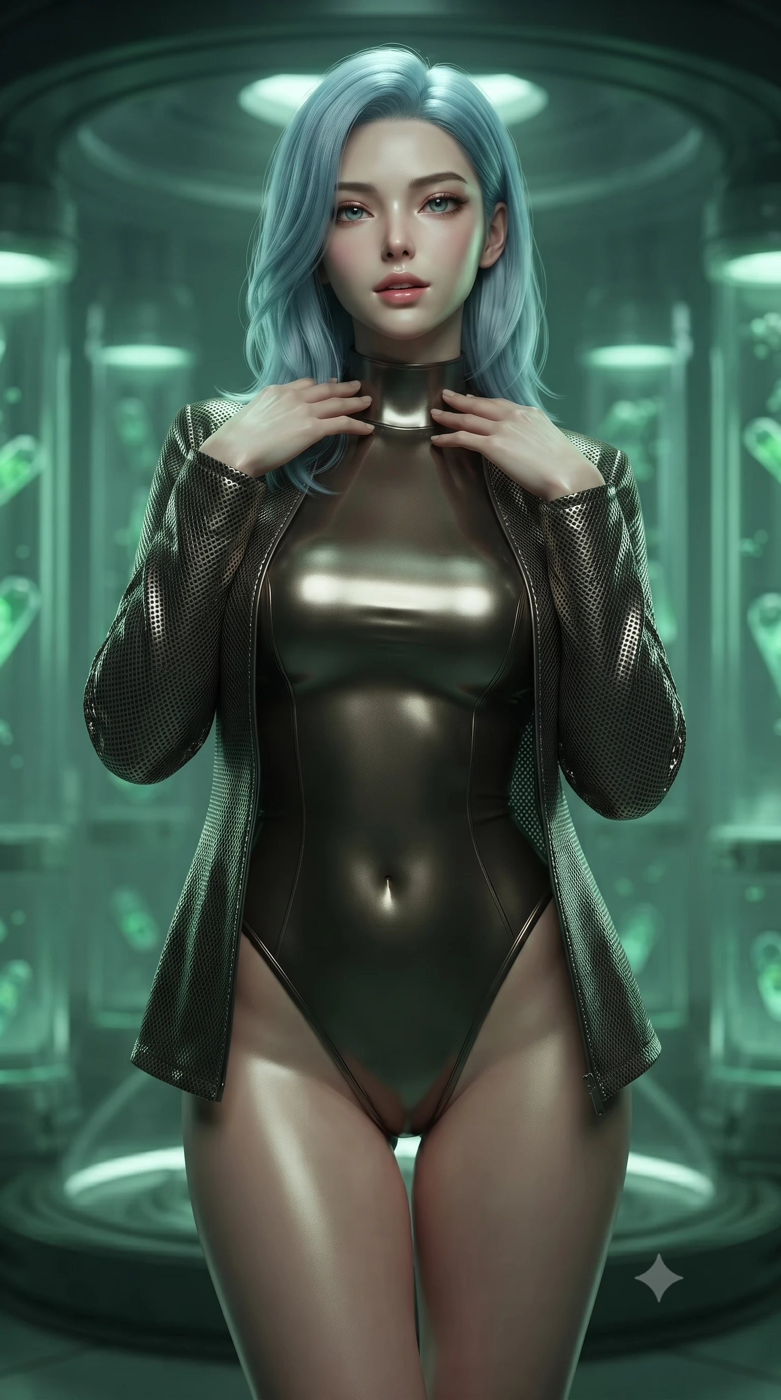 score_9, masterpiece, best quality, ultra-detailed, high-budget anime keyframe, editorial fashion photography, tasteful artistic composition, Korean woman. close-up cowboy shot from the waist and thighs up, the character dominates the composition, filling the frame with her large presence, background elements kept in soft focus. standing in a relaxed, elegant posture with both hands resting lightly on her collarbone, looking at the viewer with bedroom-eyes, the background shows a soft-focus a glass cylinder room with tubes containing green fluid and nanite cultures. She has an exceptionally elegant, slender, and willowy female figure with an ultra-slim waist, a gracefully sculpted slender torso, and a refined silhouette. sharp v-shaped jawline, high-bridge nose, intricate jewel-like eyes with depth, thick eyelashes, glossy lips with a natural sheen. wearing a slim-fit form-fitting high-neck bodysuit in dark bronze, worn under a tailored open carbon-mesh tactical jacket. soft green bioluminescent light from the tubes casting an eerie, high-contrast glow. ultra-reflective glossy finish, specular highlights, metallic sheen, high-contrast stereoscopic depth, volumetric dynamic lighting, 2k, ultra detail, master piece, 9:16 ratio