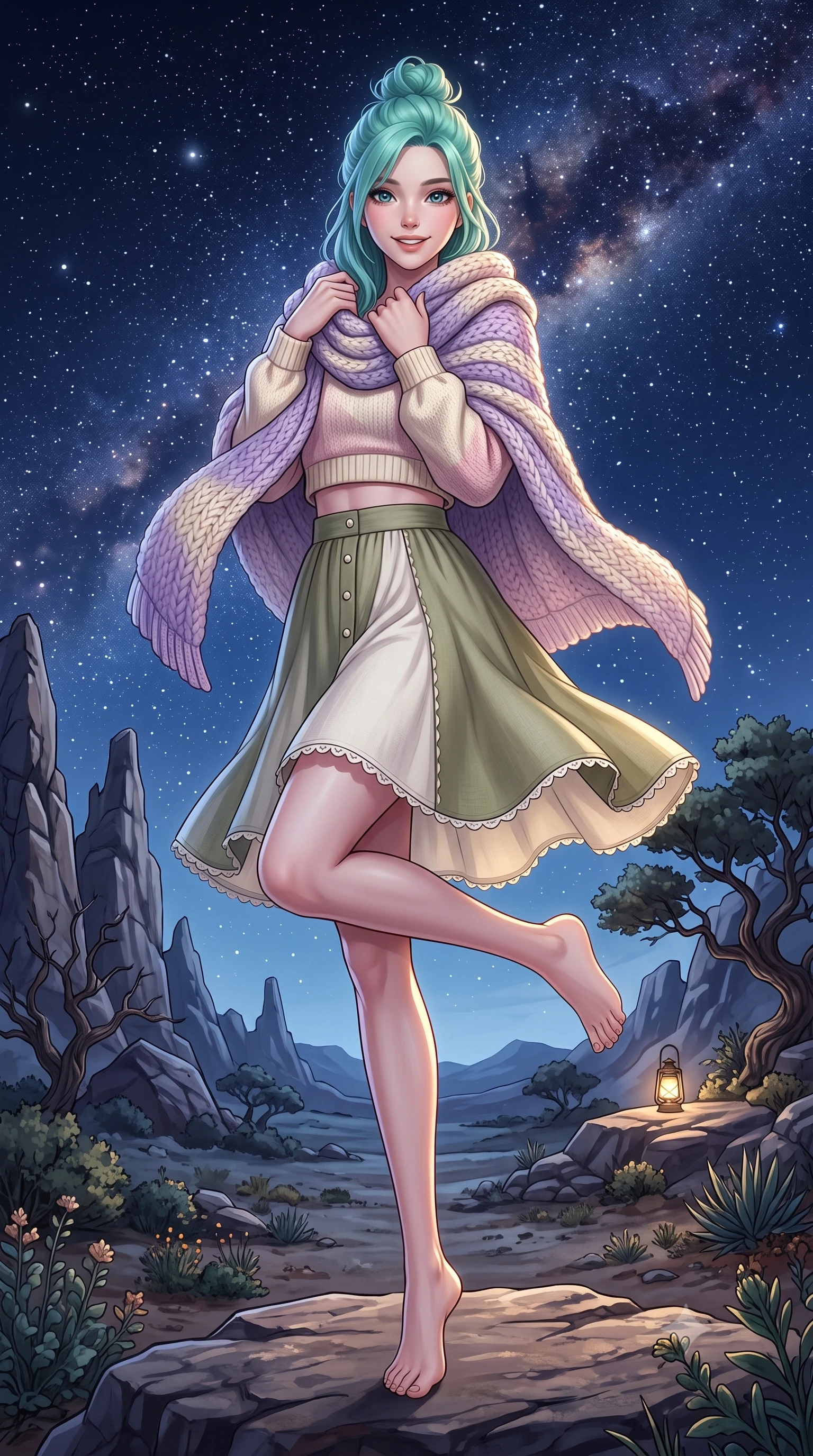 score_9, masterpiece, best quality, ultra-detailed, high-budget anime keyframe, semi-realistic 3D game render, editorial fashion photography, tasteful artistic composition, Japanese woman. low angle full-body shot from head to toe showing her feet, filling the entire 9:16 vertical frame with her statuesque presence, stretching her vertical silhouette. standing poised on one leg with a playful hop and joyful expression, her long legs and slender figure highlighted against the landscape while wrapping a cozy knitted shawl around her shoulders while looking into the camera with an intimate, lovely smile. The surrounding environment is rendered in vivid detail and crisp panoramic clarity. transcendent nocturnal chiaroscuro and vast cosmic wilderness beauty captured with celestial sharpness. She has an absolutely perfect, statuesque 8.5-heads proportion, an exceptionally tall and slender model-like female figure with impossibly long slender legs, a toned flat midriff, and an ultra-slim waist. sharp v-shaped jawline, high-bridge nose, intricate jewel-like eyes with depth, thick eyelashes, glossy lips with a natural sheen, pure and lovely fresh girlhood expression, flawlessly proportioned anatomical accuracy, strict slender model proportions, natural body alignment, perfectly sculpted long slender limbs, ultra-slim waistline, clean dynamic posture without body distortion. wearing a stylish cropped pastel knit pullover paired with a high-waisted flowy A-line linen skirt in muted olive green and ivory cotton, crafted from soft breathable linen that flutters gently in the breeze, finished with delicate scallop trims and tiny pearl buttons, the relaxed yet flattering fit accentuating her naturally graceful and slender figure, highlighting her youthful charm and lovely silhouette. illuminated by soft celestial starlight and lantern rim light defining her slender, elegant silhouette. highly saturated vibrant anime colors, detailed shading with soft gradients, rich glossy textures, high-contrast stereoscopic depth, volumetric dynamic lighting, master piece, 9:16 ratio