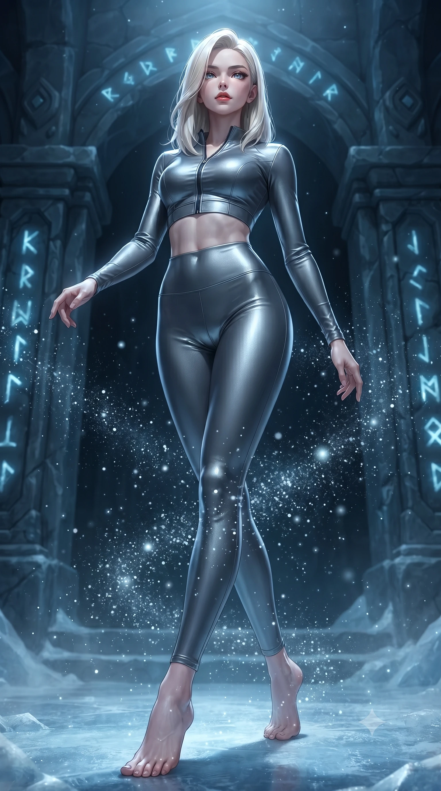 score_9, masterpiece, best quality, ultra-detailed, high-budget anime keyframe, editorial fashion photography, tasteful artistic composition, Caucasian woman. low angle full-body shot from head to toe showing her feet, filling the entire 9:16 vertical frame with her statuesque presence, stretching her vertical silhouette. stepping gracefully through floating stardust particles, her body-contouring suit showing her athletic, slender silhouette, the background shows a soft-focus an ice temple altar made of dark stone and glowing blue runes. She has an absolutely perfect, statuesque 8.5-heads proportion, an exceptionally tall and slender model-like female figure with impossibly long slender legs and an ultra-slim waist. sharp v-shaped jawline, high-bridge nose, intricate jewel-like eyes with depth, thick eyelashes, glossy lips with a natural sheen. wearing a tailored body-hugging high-neck activewear set of a zipped long-sleeve crop top and matching leggings in carbon-grey. soft blue light radiating from carved runes casting an eerie uplight. ultra-reflective glossy finish, specular highlights, metallic sheen, high-contrast stereoscopic depth, volumetric dynamic lighting, 2k, ultra detail, master piece, 9:16 ratio