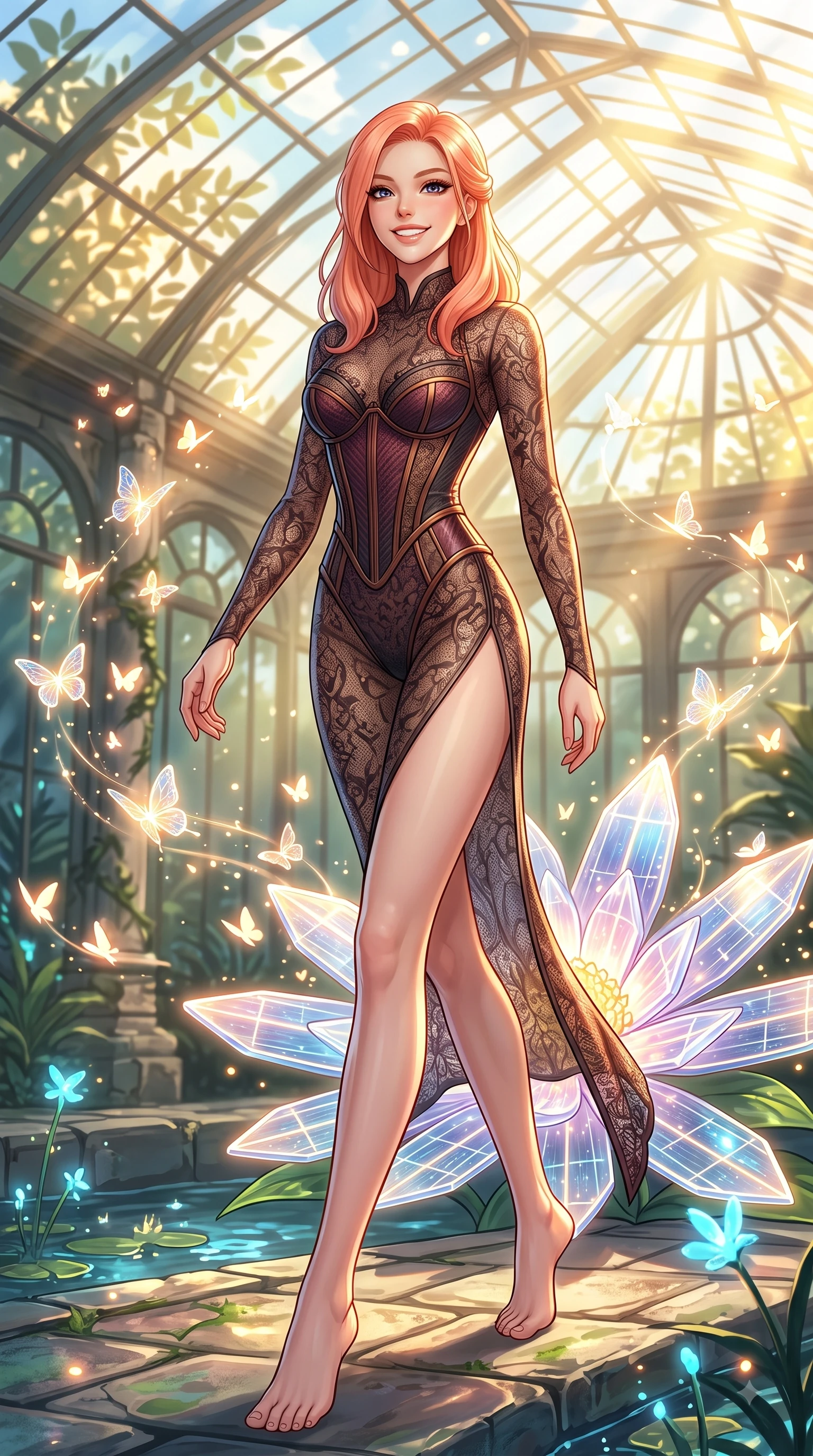 score_9, masterpiece, best quality, ultra-detailed, high-budget anime keyframe, editorial fashion photography, tasteful artistic composition, Japanese woman. low angle full-body shot from head to toe showing her feet, filling the entire 9:16 vertical frame with her statuesque presence, stretching her vertical silhouette. stepping forward in a proud dynamic stride with a cheerful beaming smile, her vertical silhouette filling the frame while resting cheerfully near a solar-powered crystal flower as warm sunlight streams through glass, hundreds of bioluminescent glass butterflies fluttering around her in cheerful light trails. She has an absolutely perfect, statuesque 8.5-heads proportion, an exceptionally tall and slender model-like female figure with impossibly long slender legs and an ultra-slim waist. sharp v-shaped jawline, high-bridge nose, intricate jewel-like eyes with depth, thick eyelashes, glossy lips with a natural sheen, flawlessly proportioned anatomical accuracy, natural body alignment, perfectly sculpted elegant limbs, clean dynamic posture without body distortion. wearing a sheer dark lace pattern bodysuit with structured corsetry boning in deep burgundy and bronze, made of fine carbon-fiber weave and soft matte leather, finished with a sleek side slit ascending to mid-thigh, the glove-like fit emphasizing her statuesque silhouette during motion. illuminated by brilliant sunbeams casting cheerful organic leaf stencil shadows. highly saturated vibrant anime colors, detailed shading with soft gradients, rich glossy textures, high-contrast stereoscopic depth, volumetric dynamic lighting, master piece, 9:16 ratio
