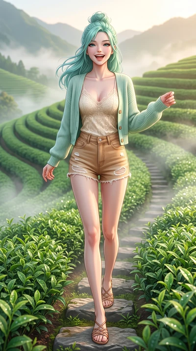 score_9, masterpiece, best quality, ultra-detailed, high-budget anime keyframe, semi-realistic 3D game render, editorial fashion photography, tasteful artistic composition, Japanese woman. low angle full-body shot from head to toe showing her feet, f