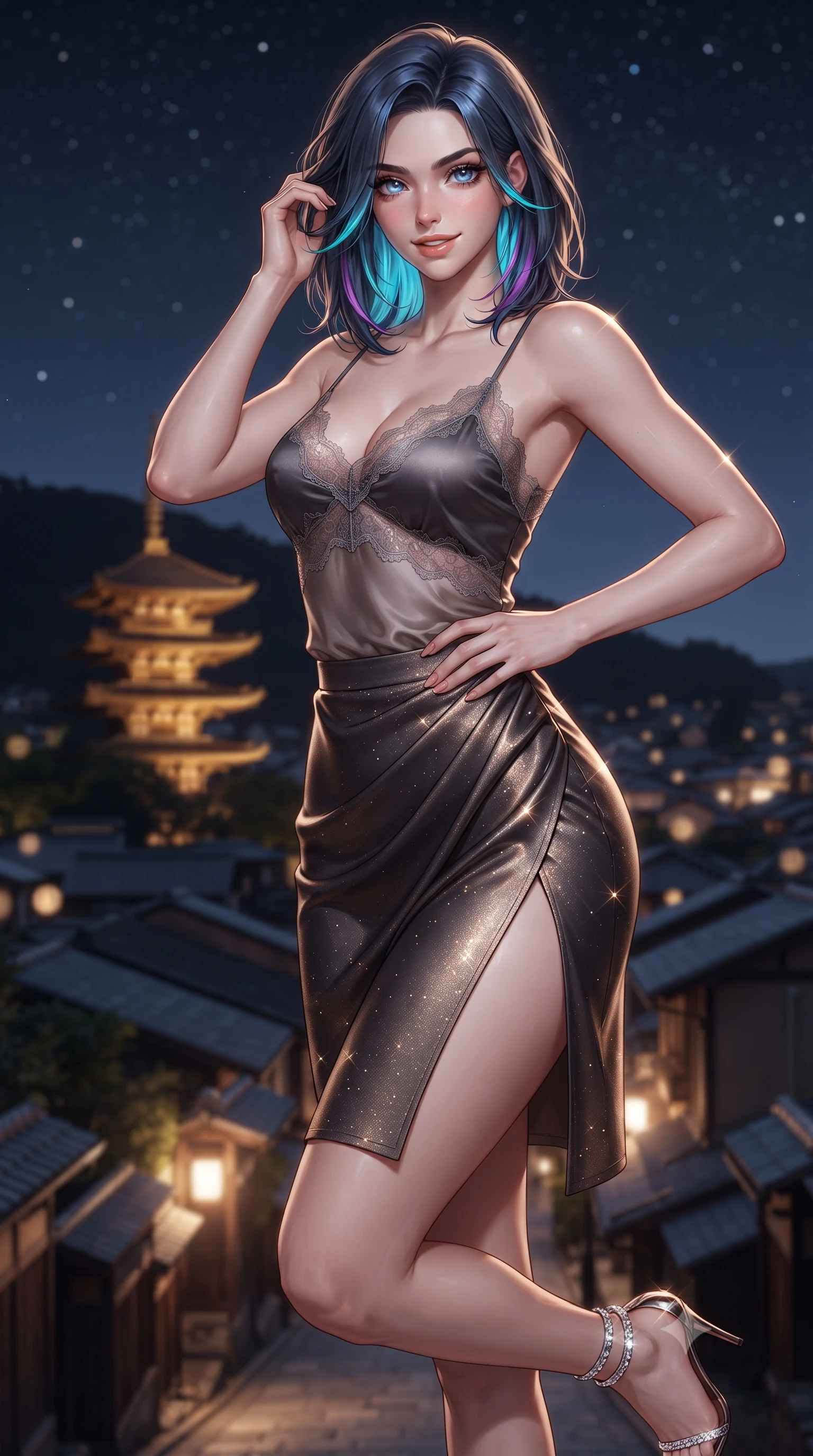 score_9, masterpiece, best quality, ultra-detailed, high-budget anime keyframe, editorial fashion photography, tasteful artistic composition, Caucasian woman. close-up cowboy shot from the waist and thighs up, the character dominates the composition, filling the frame with her large presence. twisting her slender torso in an alluring contrapposto stance, one hand resting on her sculpted hip while her fingers toy with her hair with effortless poise while twisting her slender torso in an alluring S-curve, cool mountain night breezes fluttering her dress around her long slender legs and curvy hips. The background shows a soft-focus five-story wooden Yasaka Pagoda illuminated against the dark hill, endless sea of low Kyoto tiled roofs, and starry sky blurred into honey, indigo, and charcoal bokeh. She has an exceptionally elegant, slender, and willowy female figure with an ultra-slim waist, flat toned midriff, narrow ribcage, and sculpted feminine hips creating an alluring, slim hourglass silhouette without bulk. sharp v-shaped jawline, high-bridge nose, sparkling eyes with hypnotic seductive depth, thick curled eyelashes, glossy parted lips with a natural dewy peach sheen, alluring bedroom-eyes with an enchanting coquettish smile, exuding magnetic siren charisma and sophisticated glamour, flawlessly proportioned anatomical accuracy, strict slender model proportions, natural body alignment, perfectly sculpted long slender limbs, ultra-slim waistline, clean dynamic posture without body distortion. wearing a delicate lace-trimmed silk camisole paired with a draped satin tulip mini skirt with high side slit in Ayung volcanic charcoal and molten bronze, woven from stretch metallic lurex jersey casting radiant starlight glints across her silhouette, complemented by strappy stiletto sandals with crystal ankle wraps accentuating her slender calves, the form-contouring silhouette accentuating her sculpted flat midriff, narrow delicate ribcage, and gracefully curvy hips with intoxicating allure. illuminated by polished cedar reflection bounce and sharp platinum-gold rim lights sculpting her razor-sharp jawline, narrow waist, and curvy hips. ultra-reflective glossy finish, specular highlights, rich textural contrasts, high-contrast stereoscopic depth, volumetric dynamic lighting, 2k, ultra detail, master piece, 9:16 ratio