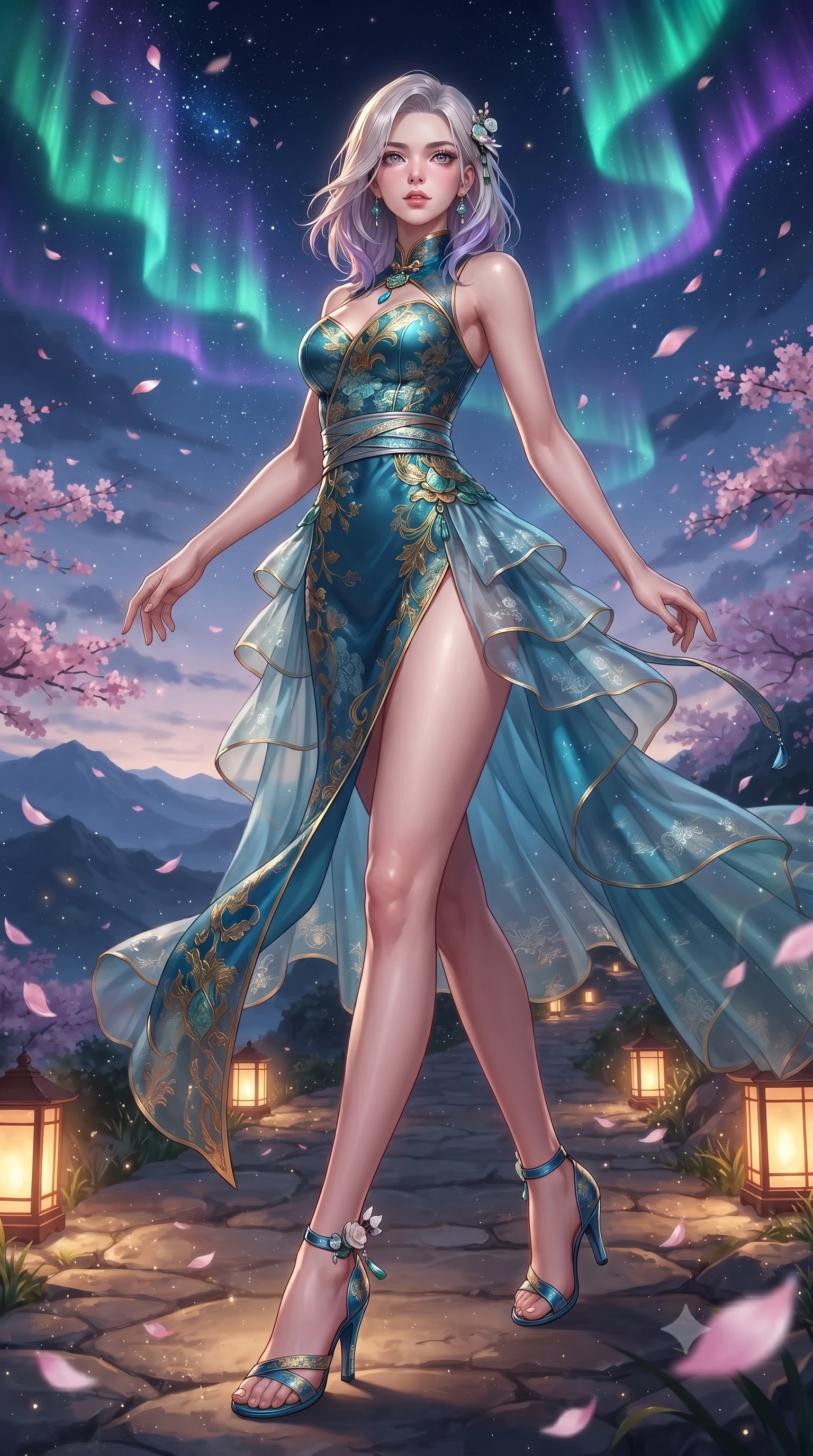 score_9, masterpiece, best quality, ultra-detailed, high-budget anime keyframe, editorial fashion photography, tasteful artistic composition, Caucasian woman. low angle full-body shot from head to toe showing her feet, filling the entire 9:16 vertical frame with her statuesque presence, stretching her vertical silhouette. stepping forward gracefully in mid-motion, displaying her toned flat midriff and flawlessly sculpted slender limbs while stepping along the mountain crest path as wind whips cherry blossom petals and stardust around her statuesque silhouette. The surrounding environment is rendered in vivid detail and crisp panoramic clarity. detailed aurora wave ribbons, distant mountain ranges, and sacred bronze bell engravings in high clarity. She has an absolutely perfect, statuesque 8.5-heads proportion, an exceptionally tall and slender model-like female figure with impossibly long slender legs, a toned flat midriff, and an ultra-slim waist. sharp v-shaped jawline, high-bridge nose, intricate jewel-like eyes with depth, thick eyelashes, glossy lips with a natural sheen, captivating and magnetic expression, flawlessly proportioned anatomical accuracy, strict slender model proportions, natural body alignment, perfectly sculpted long slender limbs, ultra-slim waistline, clean dynamic posture without body distortion. wearing a jade-inlaid silk bustier dress with multi-tiered translucent organza train and metallic sash in deep azure blue and gold leaf embroidery, made of liquid-smooth silk satin with subtle floral jacquard, accented with mother-of-pearl hair ornaments and a carved jade pendant, the breezy yet form-flattering drape swaying gracefully with her steps, accentuating her long willowy limbs and slim waistline. bathed in vibrant emerald and violet aurora light overhead and warm golden lantern uplights from below. ultra-reflective glossy finish, specular highlights, rich textural contrasts, high-contrast stereoscopic depth, volumetric dynamic lighting, 2k, ultra detail, master piece, 9:16 ratio