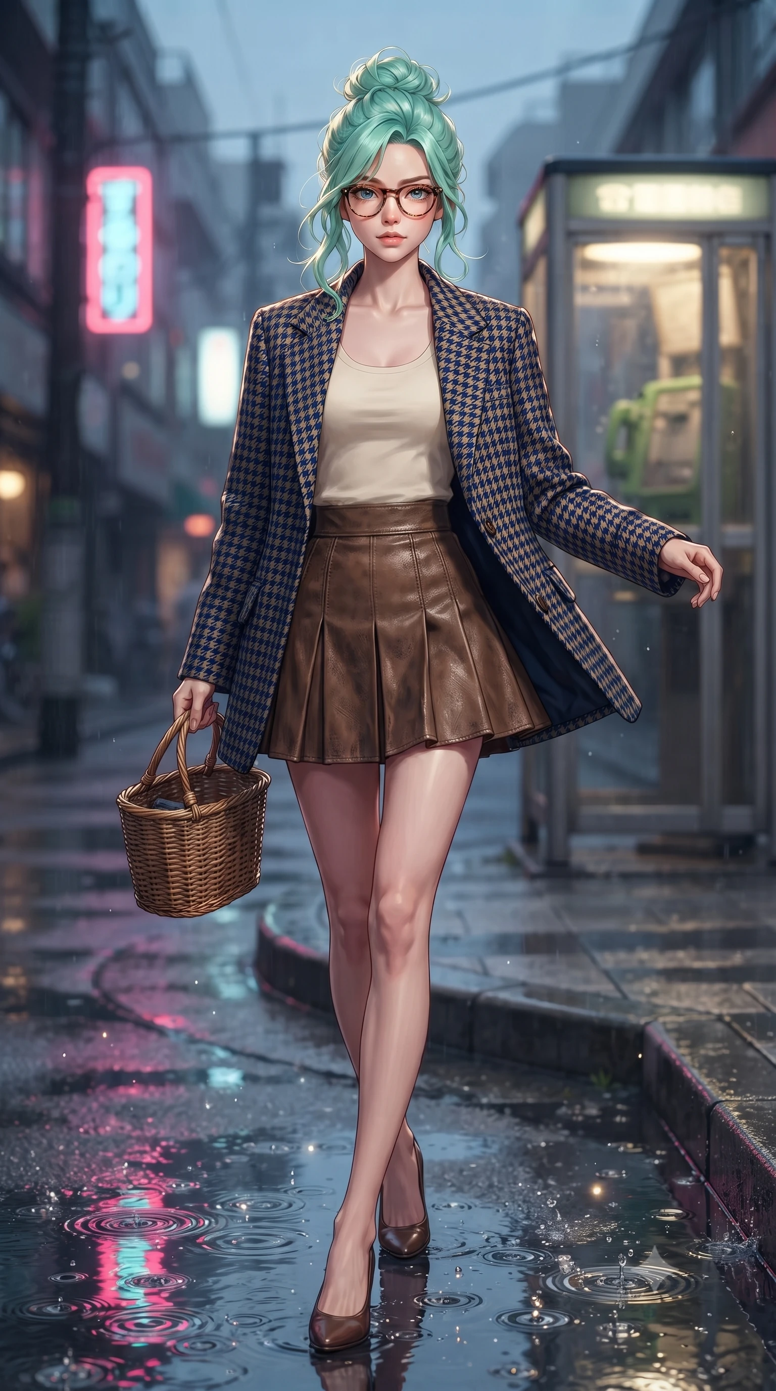 score_9, masterpiece, best quality, ultra-detailed, high-budget anime keyframe, editorial fashion photography, tasteful artistic composition, Japanese woman. low angle full-body shot from head to toe showing her feet, filling the entire 9:16 vertical frame with her statuesque presence, stretching her vertical silhouette. stepping forward gracefully in mid-motion, displaying her toned flat midriff and flawlessly sculpted slender limbs while twirling on the wet sidewalk corner as neon reflection puddles create mirror images of her slender silhouette. The composition keeps background elements in soft focus with creamy bokeh. refracted telephone booth light rays and splashing puddle ripples scattering shimmering light motes. She has an absolutely perfect, statuesque 8.5-heads proportion, an exceptionally tall and slender model-like female figure with impossibly long slender legs, a toned flat midriff, and an ultra-slim waist. sharp v-shaped jawline, high-bridge nose, intricate jewel-like eyes with depth, thick eyelashes, glossy lips with a natural sheen, captivating and magnetic expression, flawlessly proportioned anatomical accuracy, strict slender model proportions, natural body alignment, perfectly sculpted long slender limbs, ultra-slim waistline, clean dynamic posture without body distortion. wearing a tailored 90s houndstooth oversized blazer over a simple scoop-neck top and a high-waisted pleated wool mini-skirt in deep navy blue and vintage brass gold, crafted from distressed supple genuine leather and soft ribbed cotton knit, accessorized with a rustic woven wicker basket bag and round tortoiseshell glasses, the breezy yet form-flattering drape swaying gracefully with her steps, accentuating her long willowy limbs and slim waistline. illuminated by soft glowing highlights defining her delicate features, glossy lips, and slender torso. ultra-reflective glossy finish, specular highlights, rich textural contrasts, high-contrast stereoscopic depth, volumetric dynamic lighting, 2k, ultra detail, master piece, 9:16 ratio