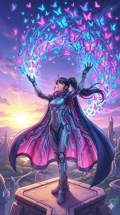 A high-quality anime illustration of a character heroically summoning a swirling cloud of glowing butterflies that carry them into the sky. The character is dressed in a sleek tactical outfit with a flowing protective cloak. Cinematic lighting, vibra