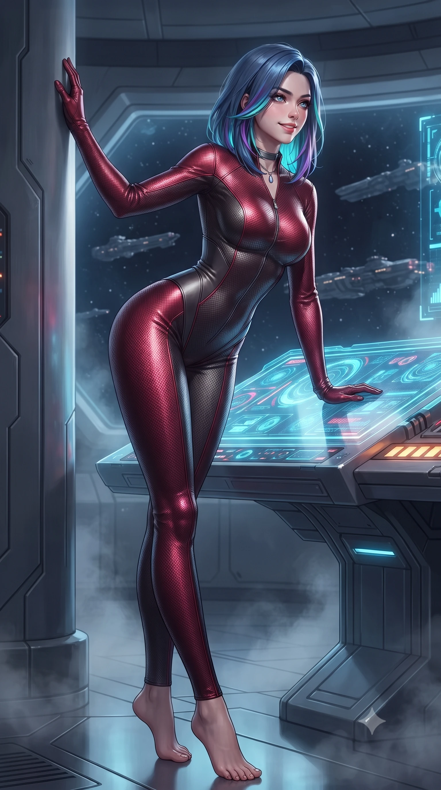 score_9, masterpiece, best quality, ultra-detailed, high-budget anime keyframe, editorial fashion photography, tasteful artistic composition, Caucasian woman. low angle full-body shot from head to toe showing her feet, filling the entire 9:16 vertical frame with her statuesque presence, stretching her vertical silhouette. standing tall beside the architectural column, one hand resting high while arching her lower back to emphasize her sculpted feminine hips and slender waist while leaning against the glowing holographic tactical plot console with hips cocked back, looking through the forward viewport at drifting battlecruisers with smoldering bedroom-eyes. The background shows a soft-focus faint pressurized cabin vapor softened in orbital flagship command bridge shallow focus. She has an exceptionally tall and slender model-like 8.5-heads proportion, an ultra-slim waist, a flat toned midriff, narrow delicate ribcage, and beautifully sculpted feminine hips creating a graceful, slim hourglass silhouette without any bulky heaviness, with impossibly long slender legs. sharp v-shaped jawline, high-bridge nose, intricate jewel-like sparkling eyes with depth, thick eyelashes, glossy parted lips with a natural peach sheen, bright cheerful beaming smile with an enchanting and coquettish sensual glint, exuding both youthful cute charm and seductive allure, flawlessly proportioned anatomical accuracy, strict slender model proportions, natural body alignment, perfectly sculpted long slender limbs, ultra-slim waistline, clean dynamic posture without body distortion. wearing a glove-like stretch carbon-fiber weave catsuit with metallic sheen outlining every millimeter of her statuesque 8.5-heads silhouette in deep crimson hazard red and matte dark titanium, crafted from bespoke double-faced cashmere with an exceptionally soft tactile finish, finished with a minimalist chrome choker and a single teardrop diamond pendant, the second-skin tailored fabric adhering flawlessly to her sculpted flat midriff and slender torso, emphasizing her long leg lines and perfectly proportioned willowy build. bathed in the cool high-contrast cobalt-and-cyan glow of holographic tactical displays mixed with warm 2800K console edge lights. ultra-reflective glossy finish, specular highlights, rich textural contrasts, high-contrast stereoscopic depth, volumetric dynamic lighting, 2k, ultra detail, master piece, 9:16 ratio