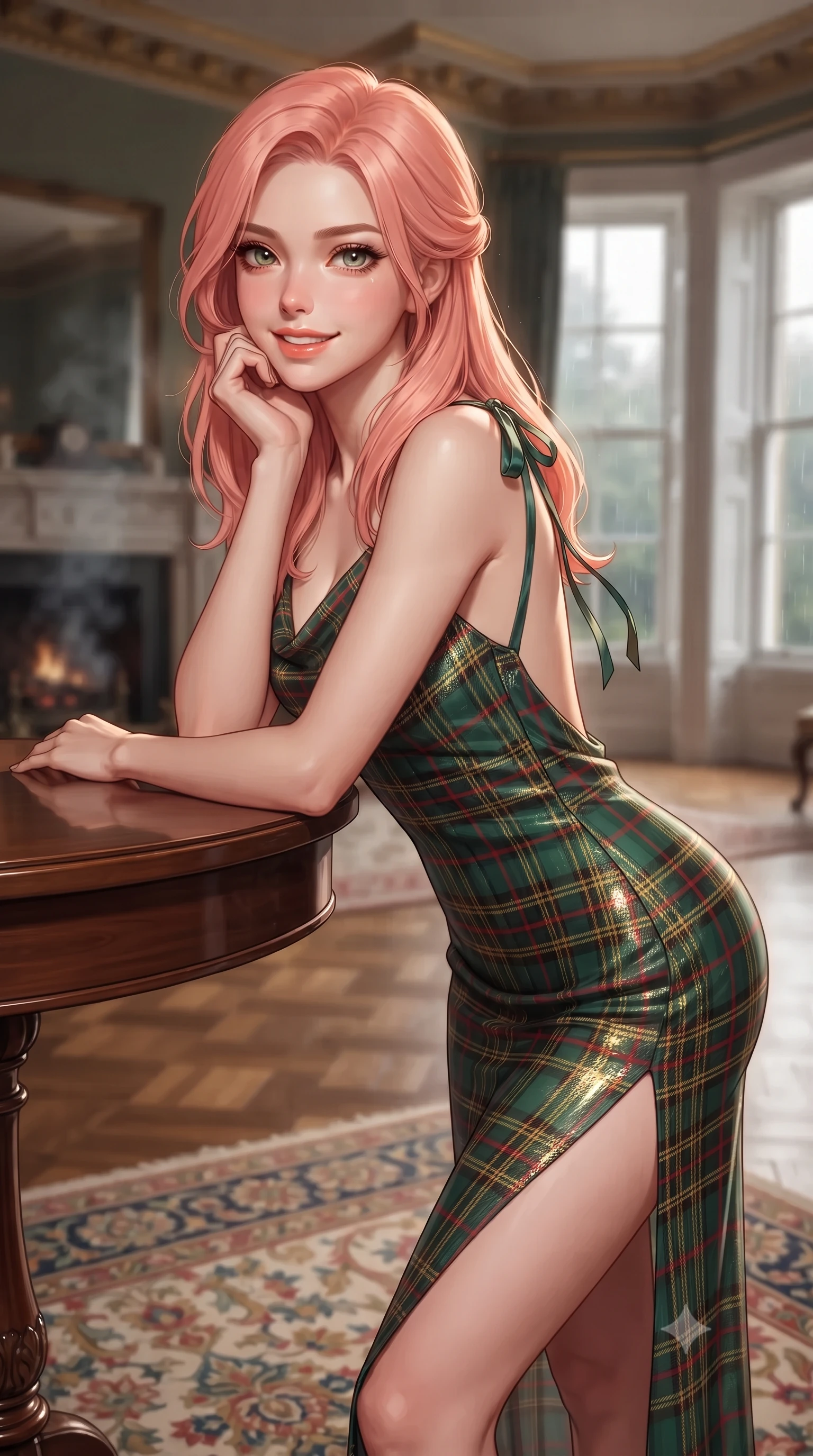 score_9, masterpiece, best quality, ultra-detailed, high-budget anime keyframe, editorial fashion photography, tasteful artistic composition, Japanese woman. close-up cowboy shot from the waist and thighs up, the character dominates the composition, filling the frame with her large presence. resting one elbow on the table and supporting her chin, leaning close to the camera with heavy-lidded sparkling eyes and parted lips while standing poised on the Aubusson floral carpet beneath gilded plaster ceiling cornices, arching her back with aristocratic supermodel charisma as rain taps against tall bay windows. The background shows a soft-focus soft hearth smoke softened in Scottish royal estate shallow focus. She has an exceptionally elegant, slender, and willowy female figure with an ultra-slim waist, flat toned midriff, narrow ribcage, and sculpted feminine hips creating an alluring, slim hourglass silhouette without bulk. sharp v-shaped jawline, high-bridge nose, intricate jewel-like sparkling eyes with depth, thick eyelashes, glossy parted lips with a natural peach sheen, bright cheerful beaming smile with an enchanting and coquettish sensual glint, exuding both youthful cute charm and seductive allure, flawlessly proportioned anatomical accuracy, strict slender model proportions, natural body alignment, perfectly sculpted long slender limbs, ultra-slim waistline, clean dynamic posture without body distortion. wearing a form-contouring gossamer silk chiffon slip dress with a hip-high slit and open cowl back clinging with dewy moisture in Balmoral royal tartan emerald and gilded brass, crafted from stretch micro-mesh with liquid foil coating that shimmers with every movement, finished with satin ribbon ties at the shoulders fluttering in the gentle breeze, the form-contouring silhouette accentuating her sculpted flat midriff, narrow delicate ribcage, and gracefully curvy hips with intoxicating allure. illuminated by polished parquet reflection bounce and sharp rose-gold rim lights sculpting her jawline, narrow waist, and curvy hips. ultra-reflective glossy finish, specular highlights, rich textural contrasts, high-contrast stereoscopic depth, volumetric dynamic lighting, 2k, ultra detail, master piece, 9:16 ratio