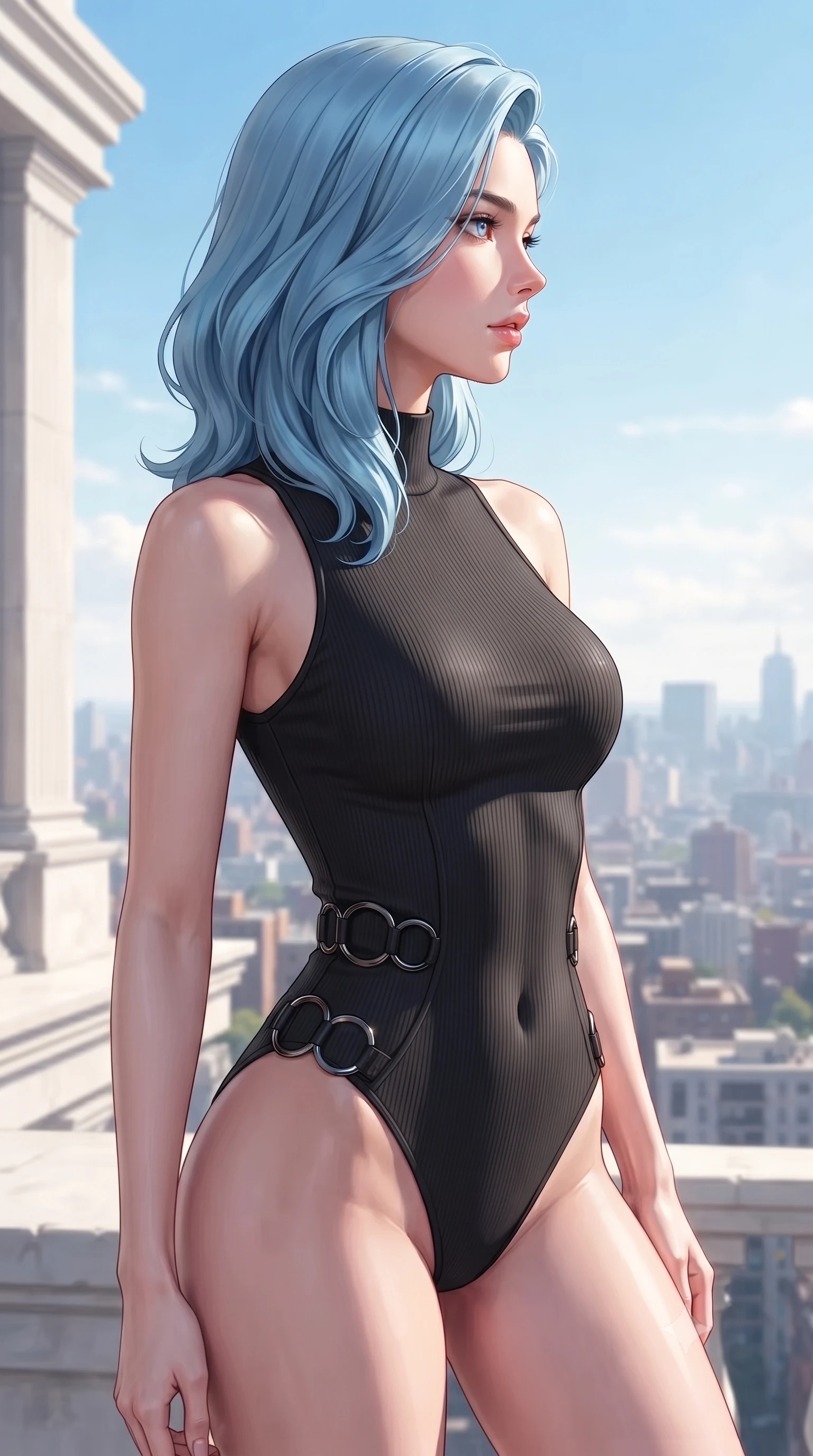 score_9, masterpiece, best quality, ultra-detailed, high-budget anime keyframe, editorial fashion photography, tasteful artistic composition, Korean woman. close-up cowboy shot from the waist and thighs up, the character dominates the composition, filling the frame with her large presence, background elements kept in soft focus. Turning her face in sharp dramatic profile against the key light, looking out over a sun-drenched city skyline with relaxed elegance, crisp sky blue and white background providing high-definition contrast. She has an exceptionally elegant, slender, and willowy female figure with an ultra-slim waist, a gracefully sculpted slender torso, and a refined silhouette. sharp v-shaped jawline, high-bridge nose, intricate jewel-like eyes with depth, thick eyelashes, glossy lips with a natural sheen. wearing sleek high-neck ribbed activewear bodysuit in matte black in dark mahogany, made of matte carbon-fiber weave, trimmed with dark chrome ring hardware along the waist contours, following her slender form with tailored precision. illuminated by clear natural daylight and warm fill light from white stone. highly saturated vibrant anime colors, detailed shading with soft gradients, rich glossy textures, high-contrast stereoscopic depth, volumetric dynamic lighting, master piece, 9:16 ratio